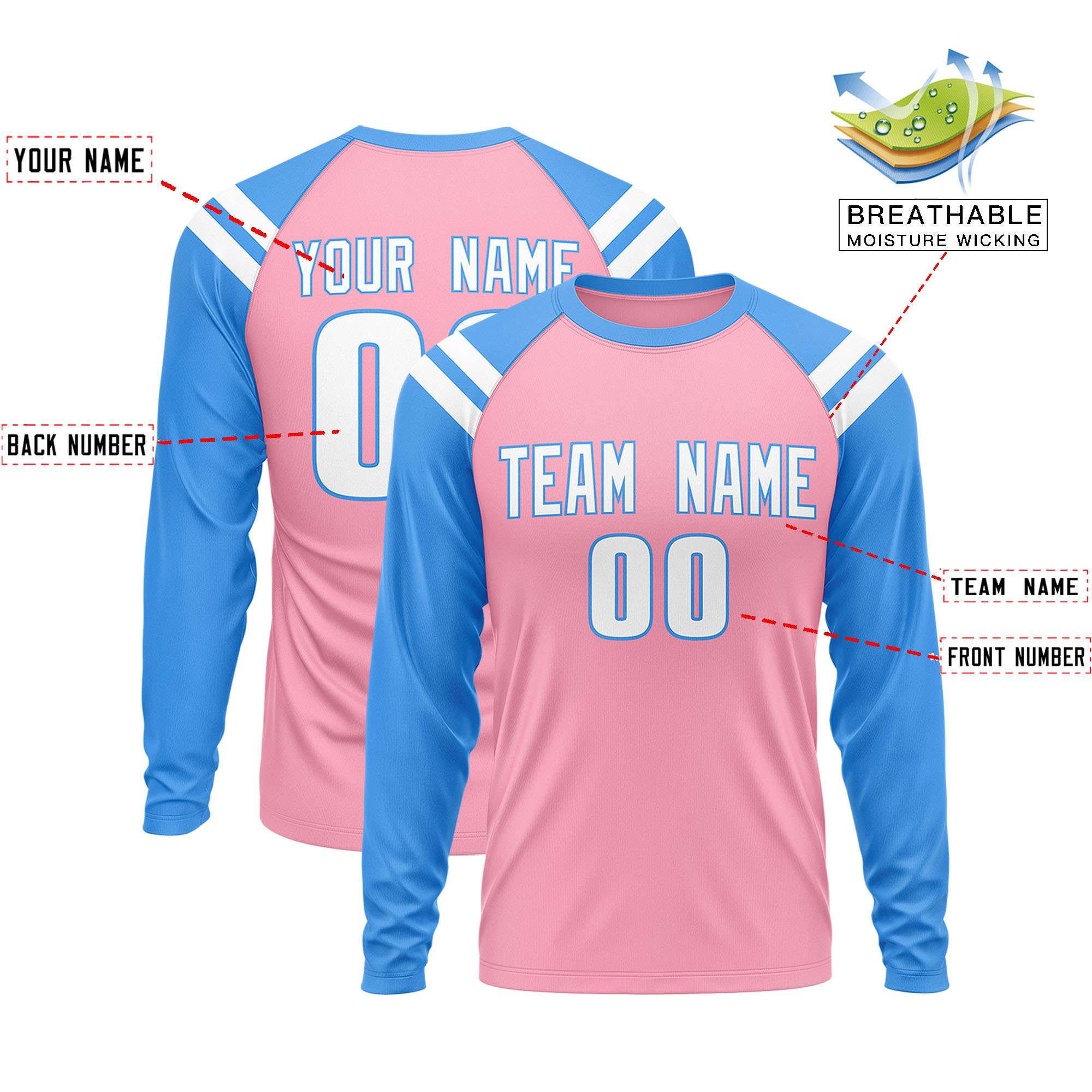 Custom Light Pink Powder Blue-White Crew Neck Personalized Raglan Long Sleeve Performance T-Shirt