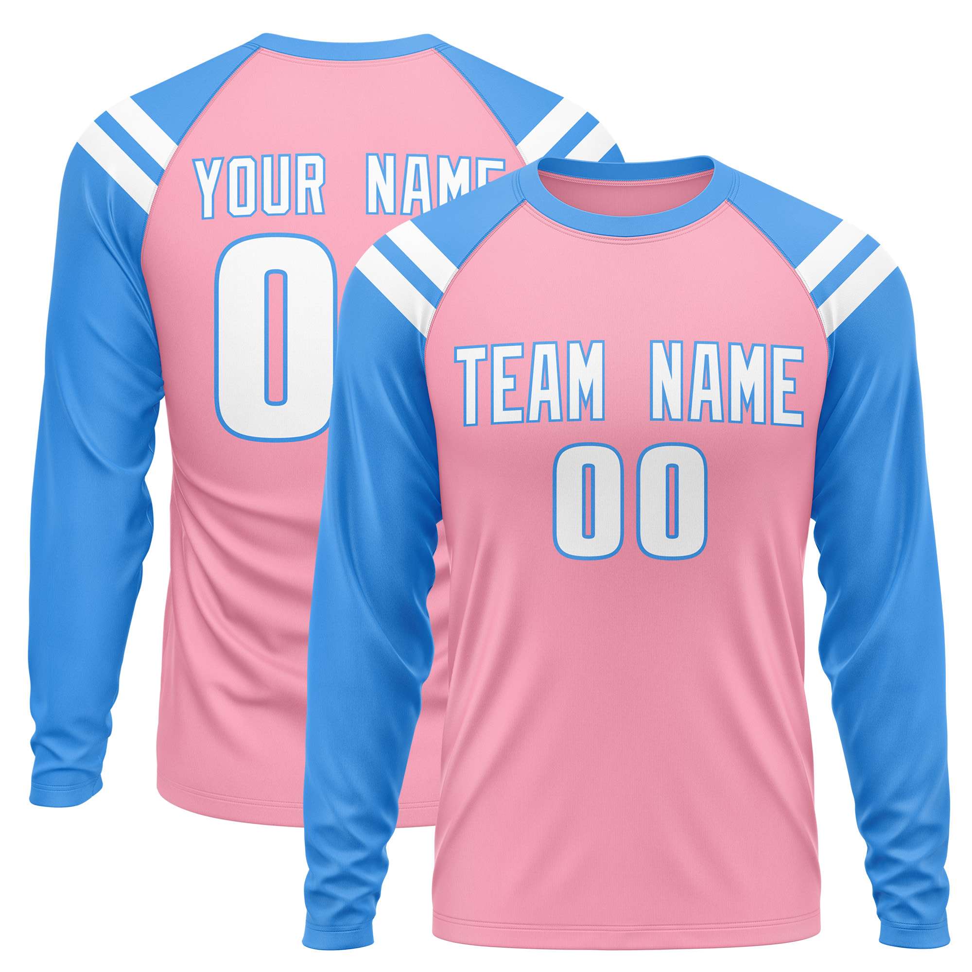 Custom Light Pink Powder Blue-White Crew Neck Personalized Raglan Long Sleeve Performance T-Shirt