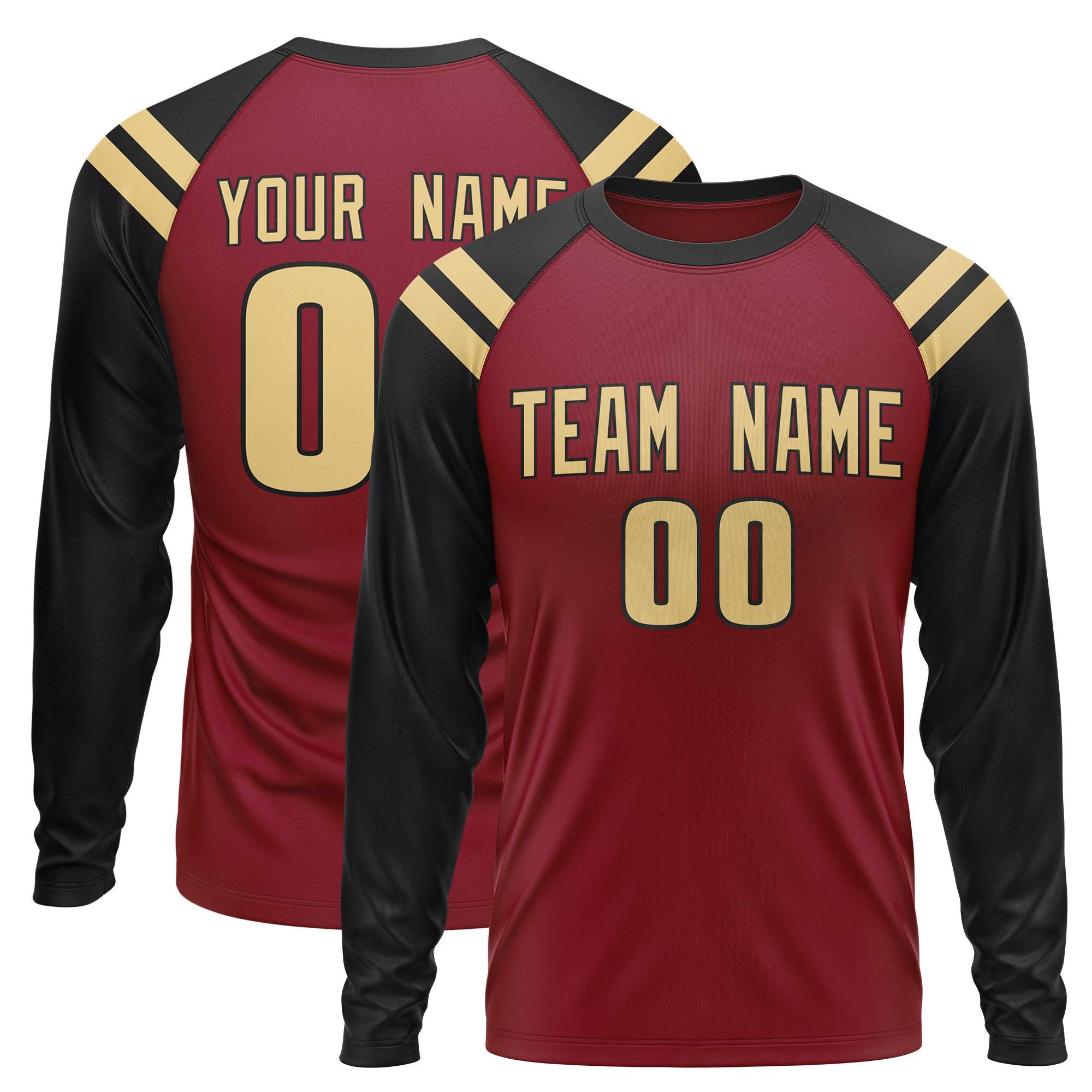 Custom Crimson Black-Khaki Crew Neck Personalized Raglan Long Sleeve Performance T-Shirt