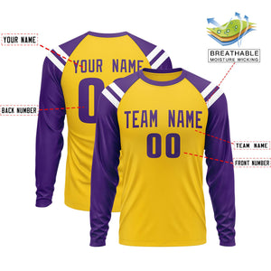 Custom Gold Purple-White Crew Neck Personalized Raglan Long Sleeve Performance T-Shirt