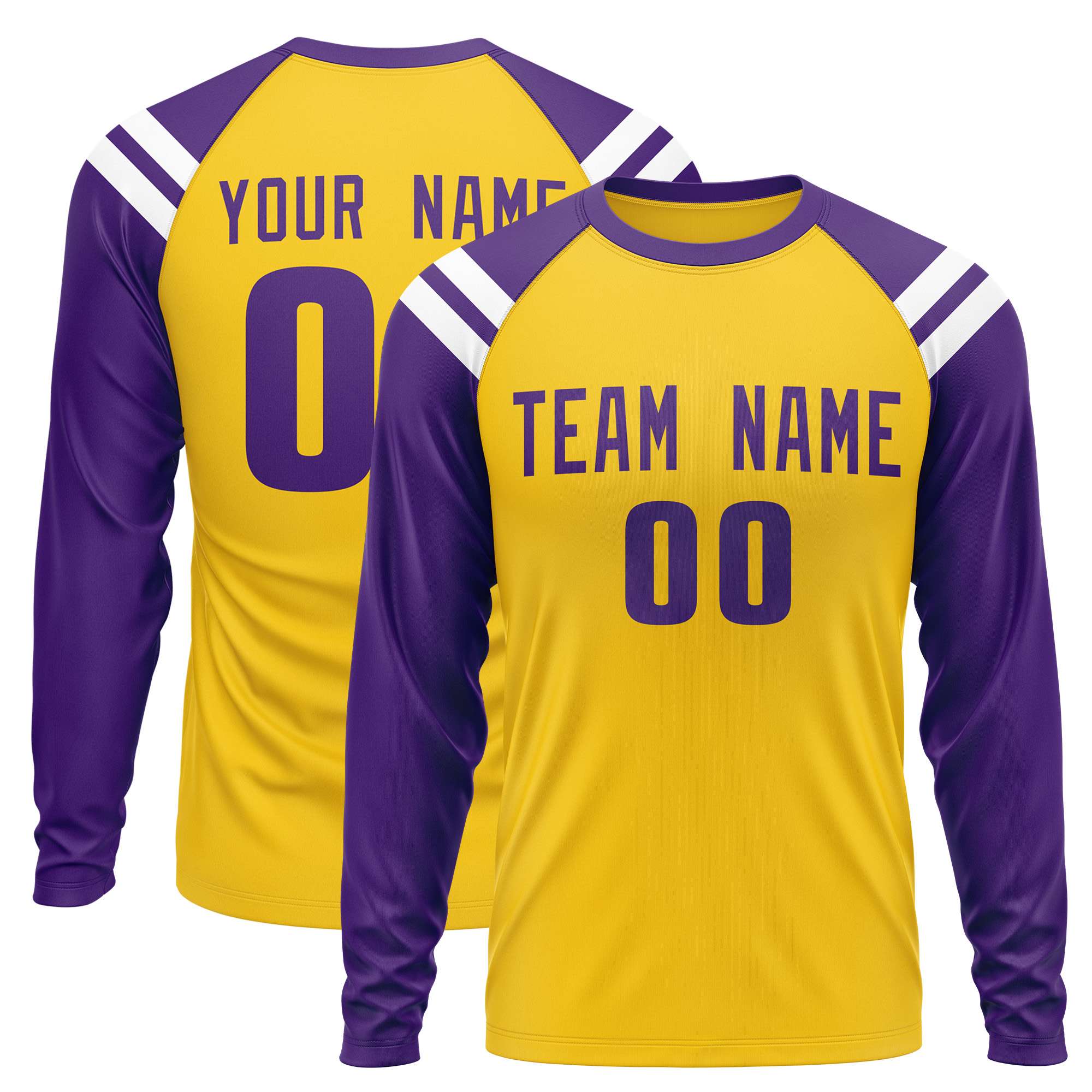 Custom Gold Purple-White Crew Neck Personalized Raglan Long Sleeve Performance T-Shirt