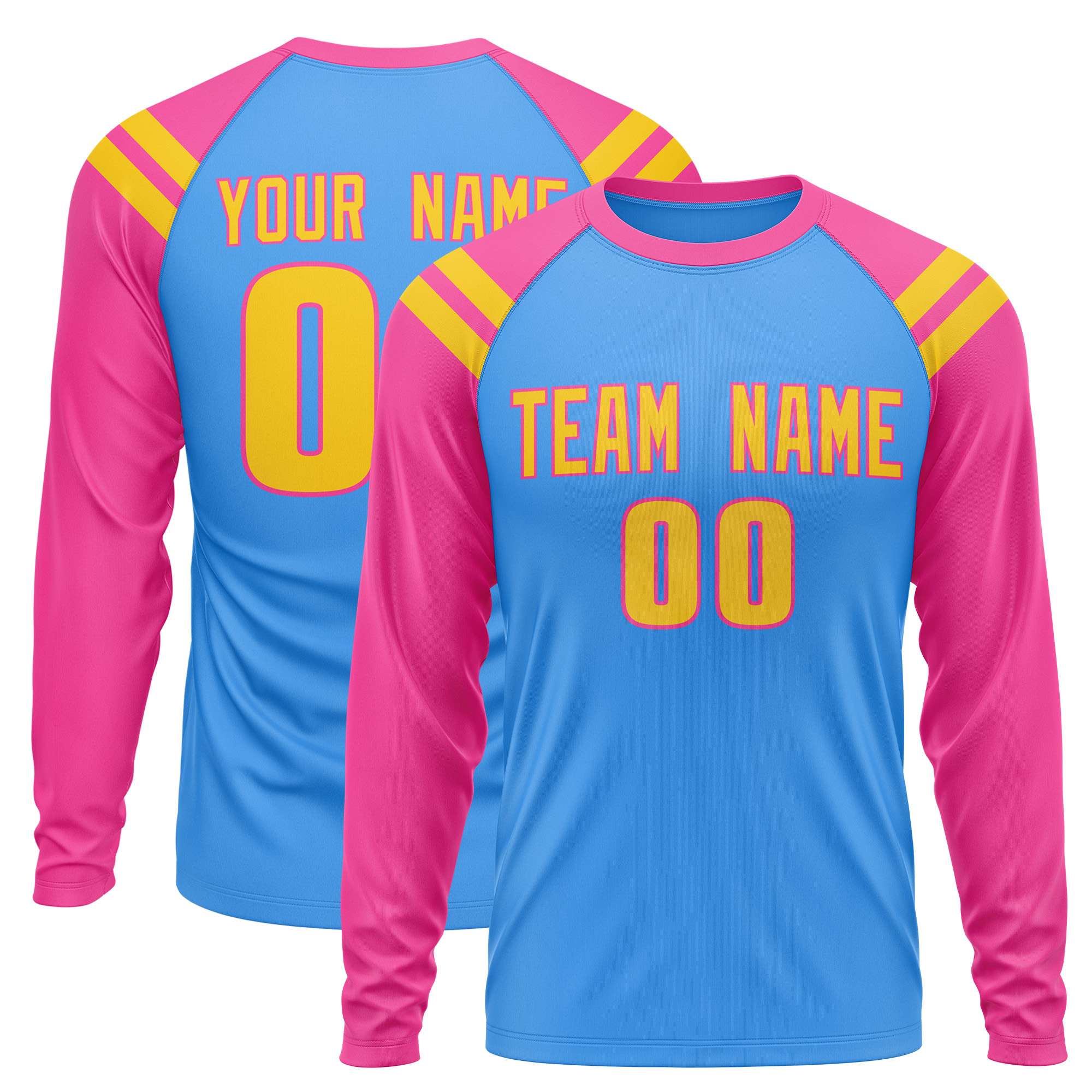 Custom Powder Blue Pink-Gold Crew Neck Personalized Raglan Long Sleeve Performance T-Shirt