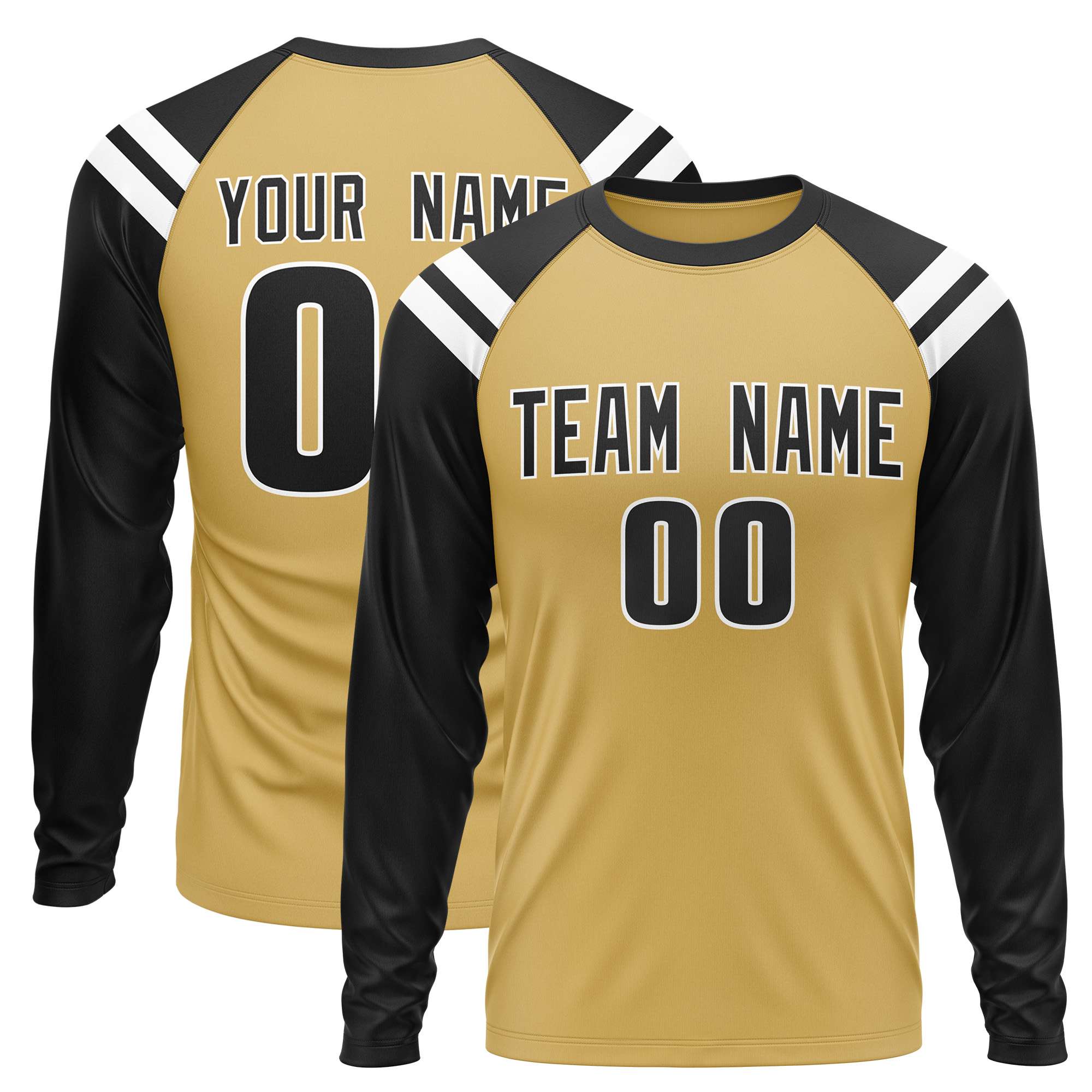 Custom Old Gold Black-White Crew Neck Personalized Raglan Long Sleeve Performance T-Shirt