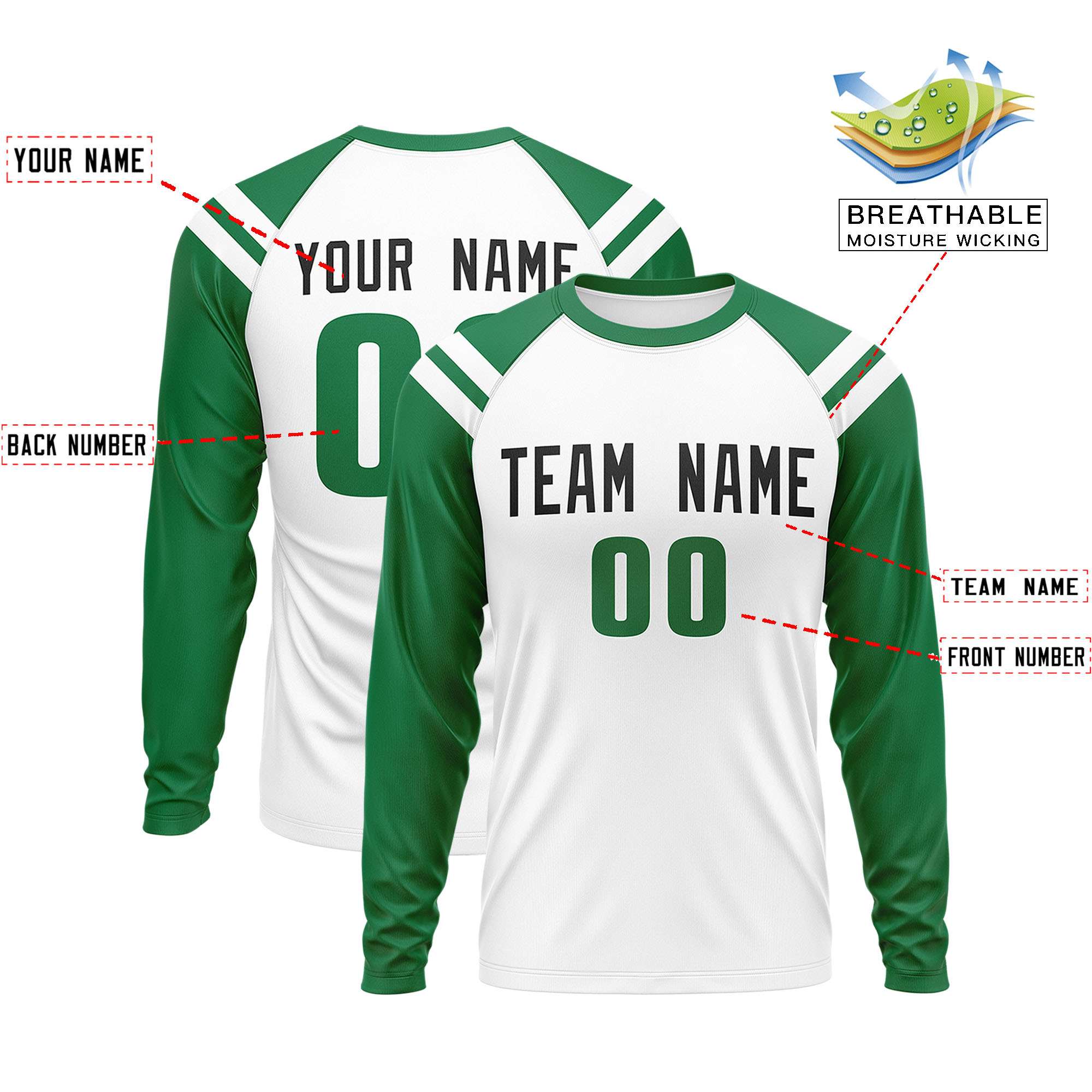 Custom White Kelly Green-White Crew Neck Personalized Raglan Long Sleeve Performance T-Shirt