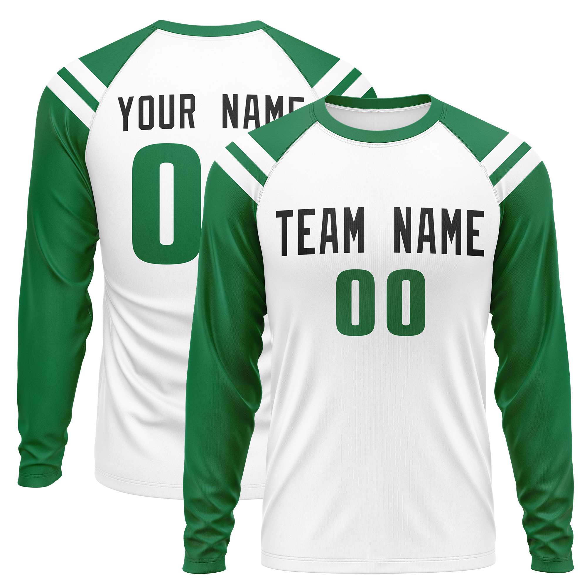 Custom White Kelly Green-White Crew Neck Personalized Raglan Long Sleeve Performance T-Shirt