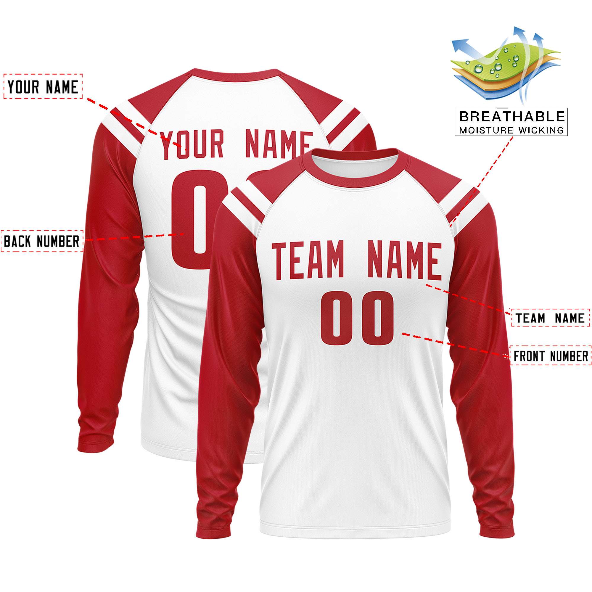 Custom White Red-White Crew Neck Personalized Raglan Long Sleeve Performance T-Shirt