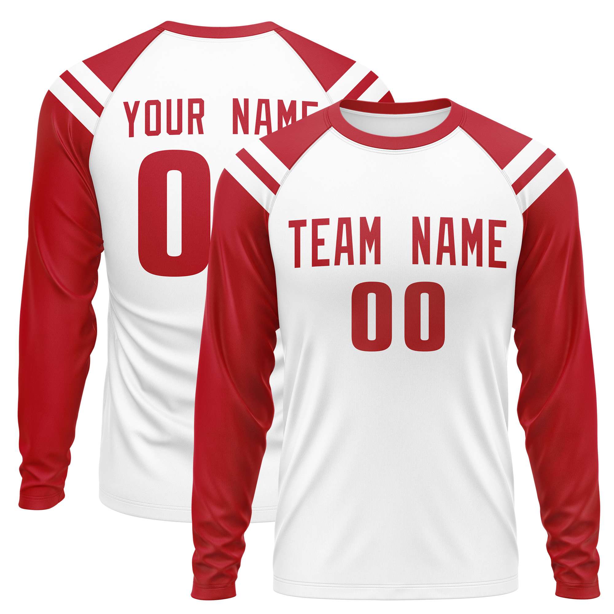 Custom White Red-White Crew Neck Personalized Raglan Long Sleeve Performance T-Shirt