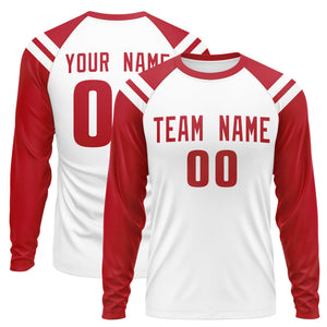 Custom White Red-White Crew Neck Personalized Raglan Long Sleeve Performance T-Shirt