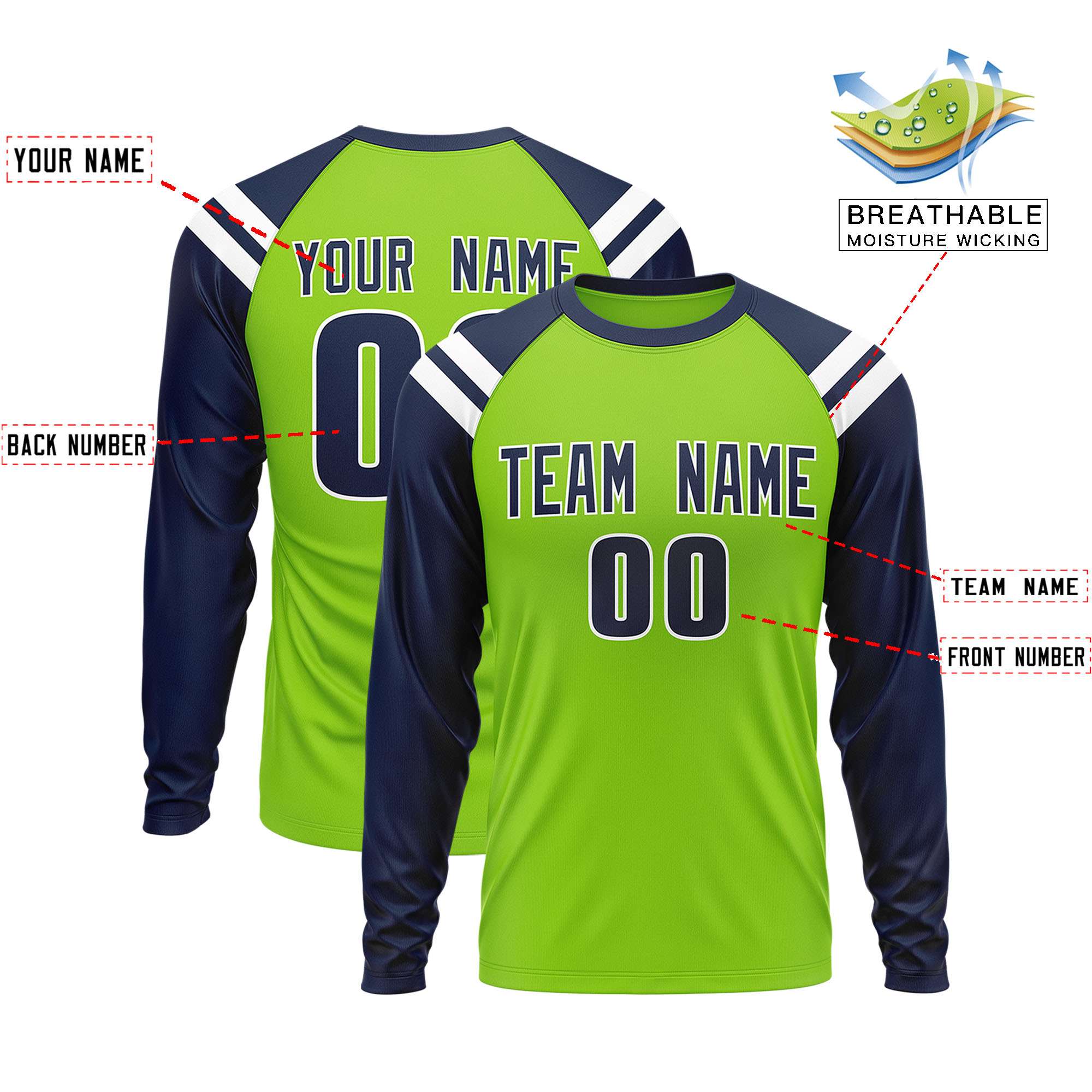 Custom Neon Green Navy-White Crew Neck Personalized Raglan Long Sleeve Performance T-Shirt