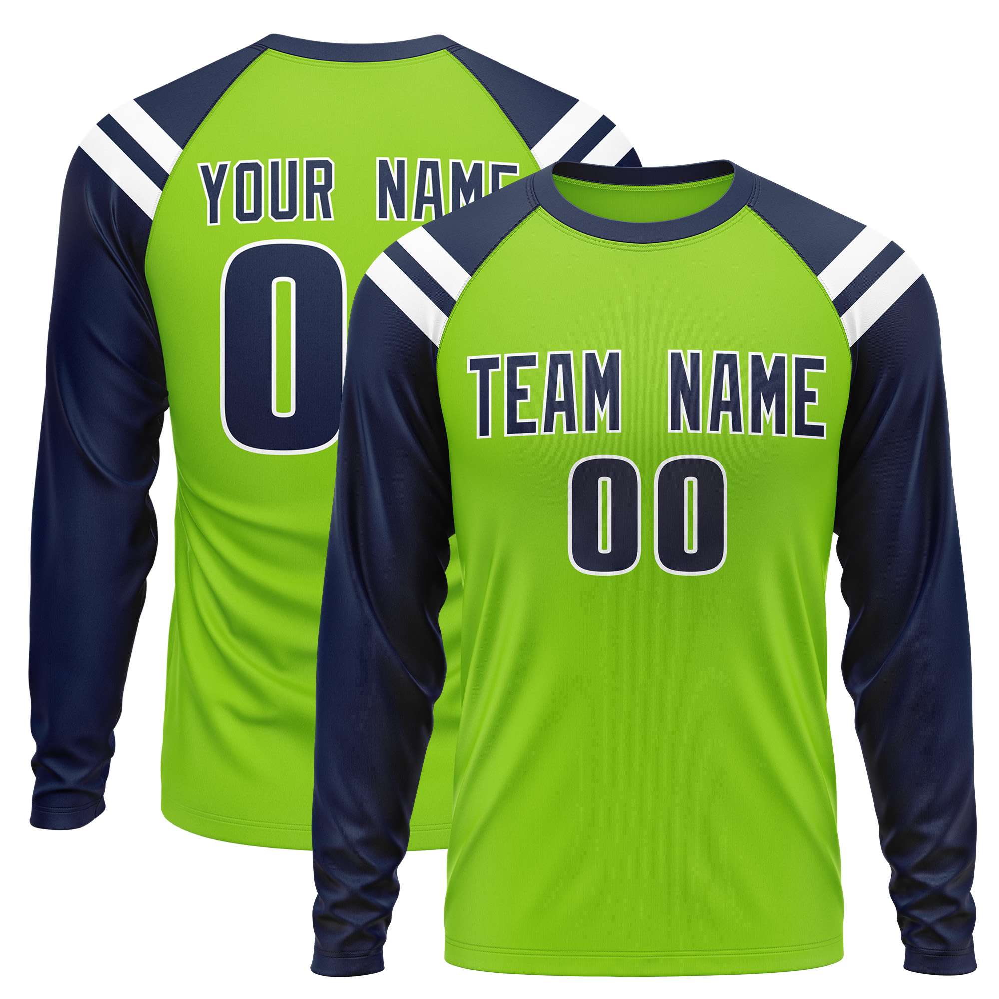 Custom Neon Green Navy-White Crew Neck Personalized Raglan Long Sleeve Performance T-Shirt