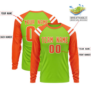 Custom Neon Green Orange-White Crew Neck Personalized Raglan Long Sleeve Performance T-Shirt