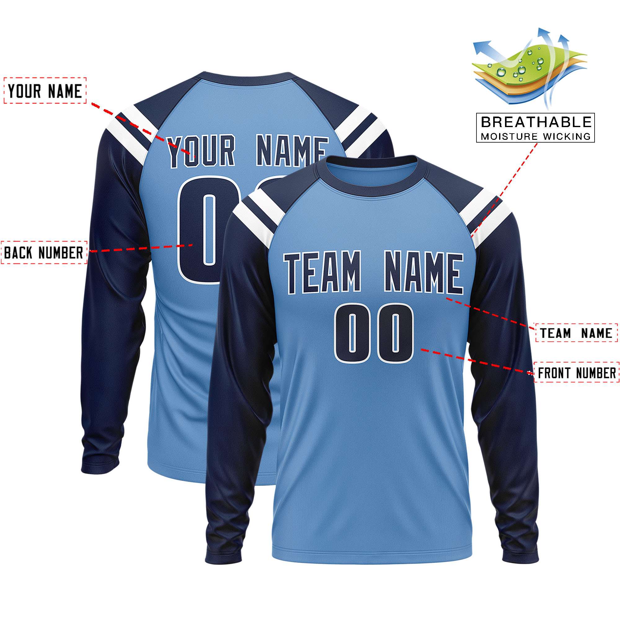 Custom Light Blue Navy-White Crew Neck Personalized Raglan Long Sleeve Performance T-Shirt