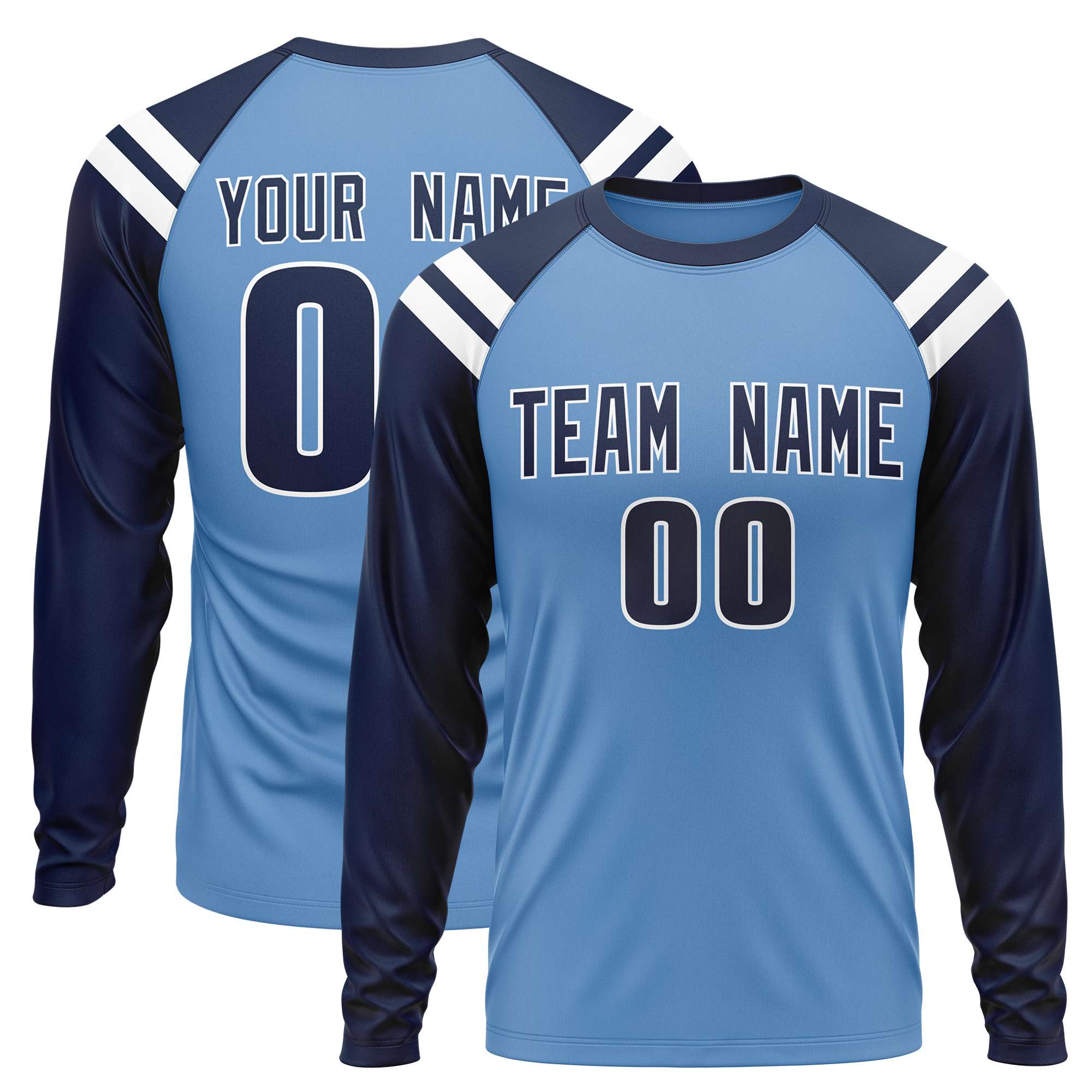 Custom Light Blue Navy-White Crew Neck Personalized Raglan Long Sleeve Performance T-Shirt