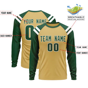 Custom Old Gold Green-White Crew Neck Personalized Raglan Long Sleeve Performance T-Shirt