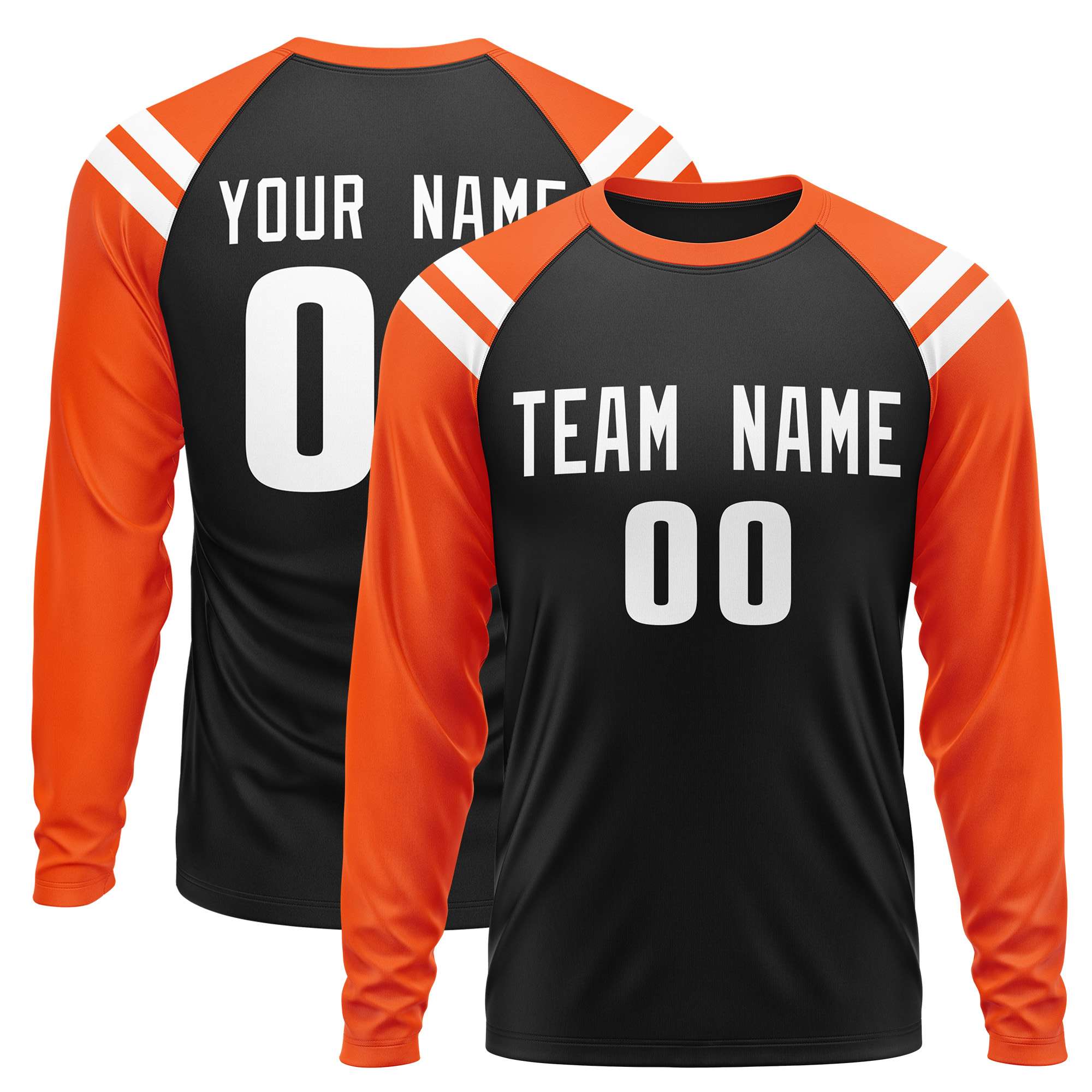 Custom Black Orange-White Crew Neck Personalized Raglan Long Sleeve Performance T-Shirt