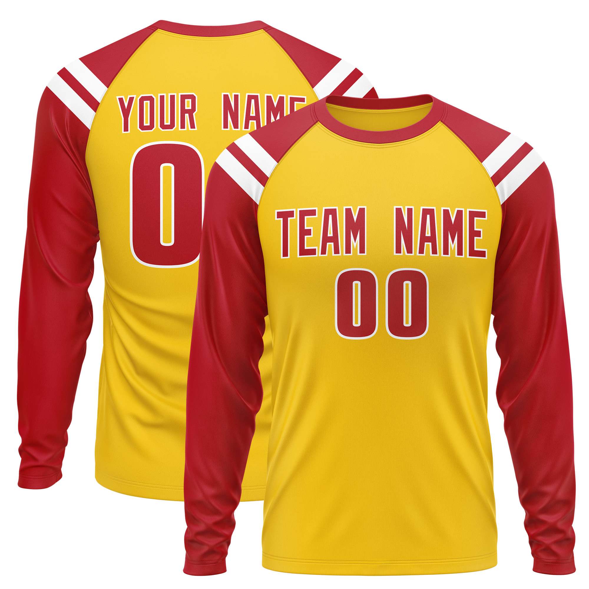 Custom Gold Red-White Crew Neck Personalized Raglan Long Sleeve Performance T-Shirt