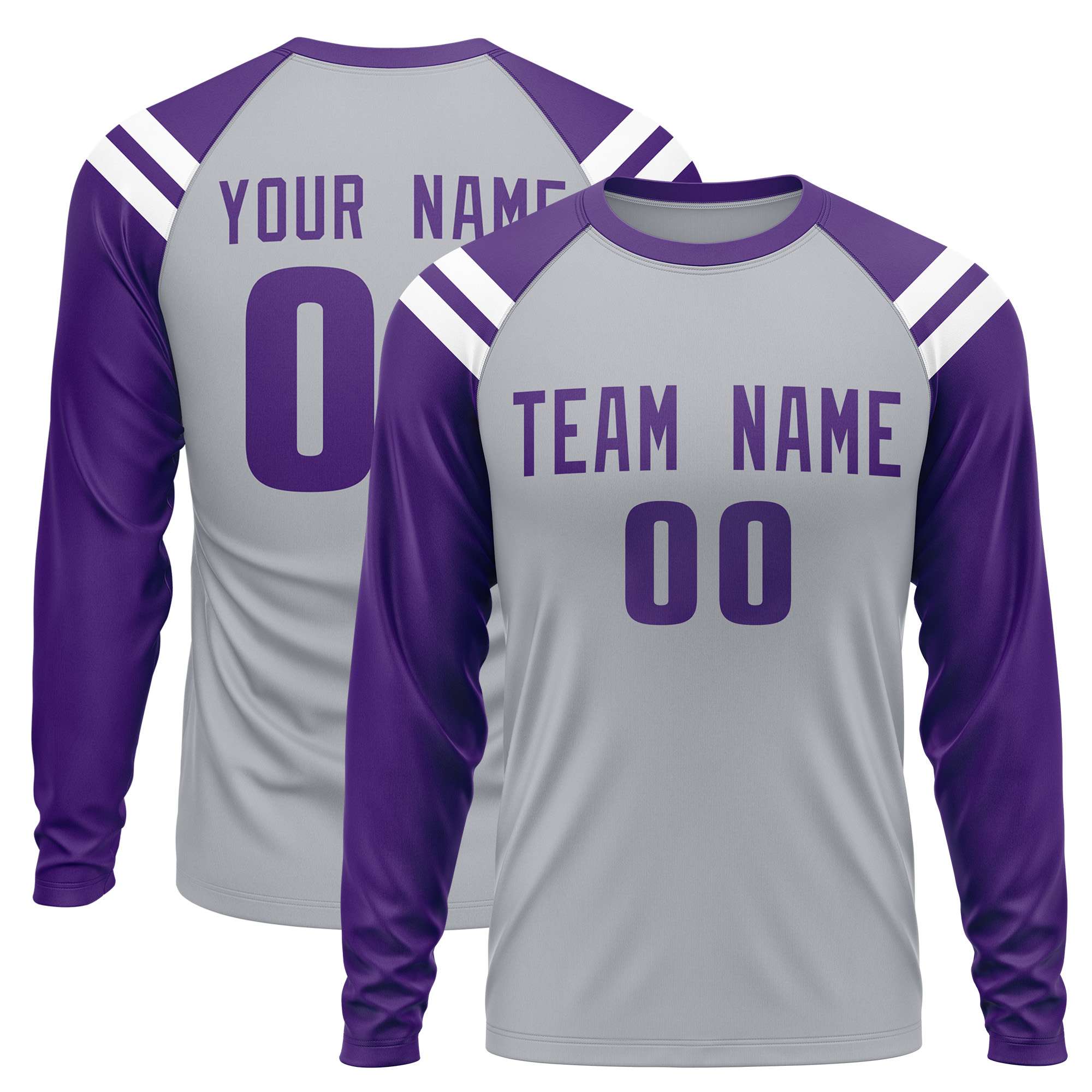 Custom Gray Purple-White Crew Neck Personalized Raglan Long Sleeve Performance T-Shirt