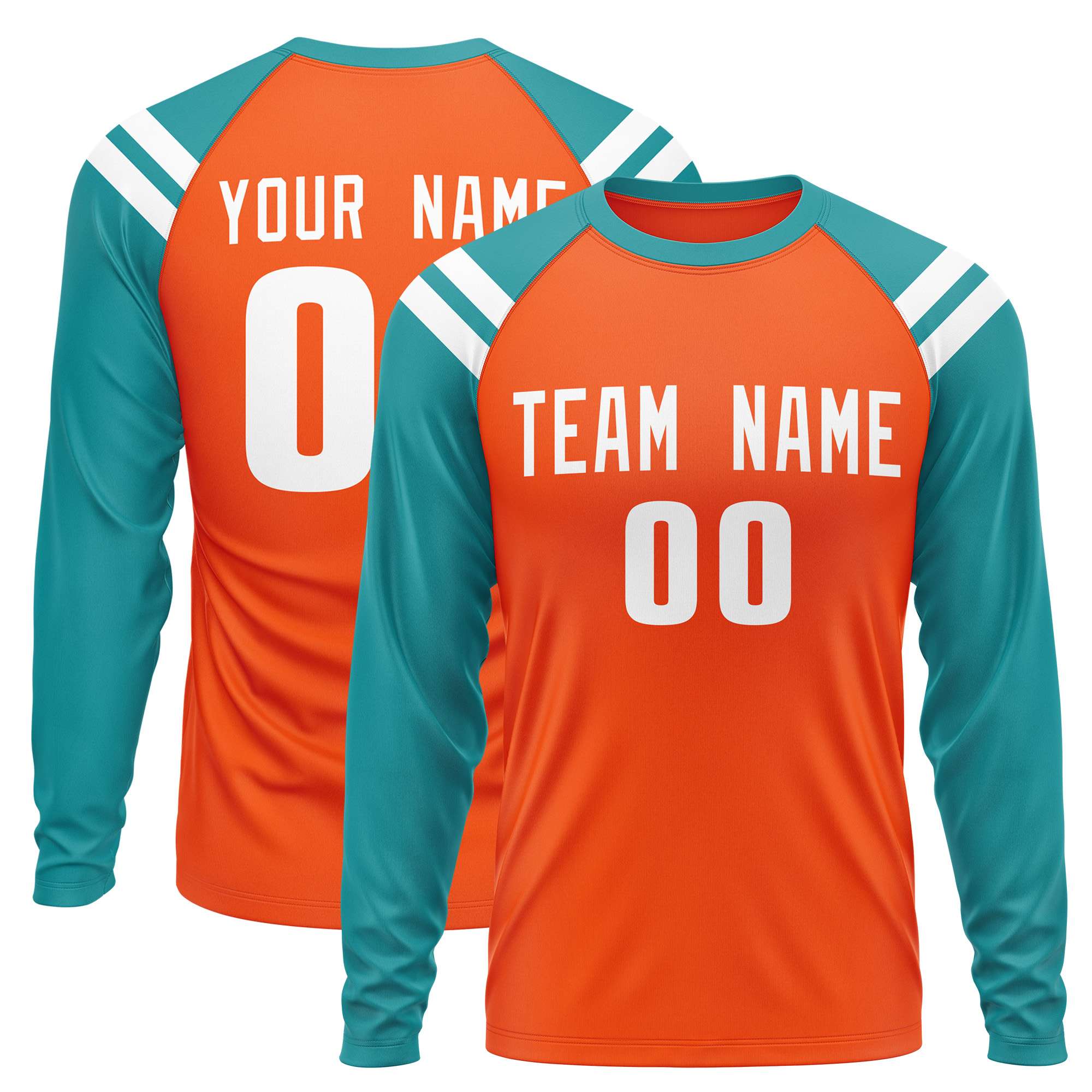 Custom Orange Aqua-White Crew Neck Personalized Raglan Long Sleeve Performance T-Shirt