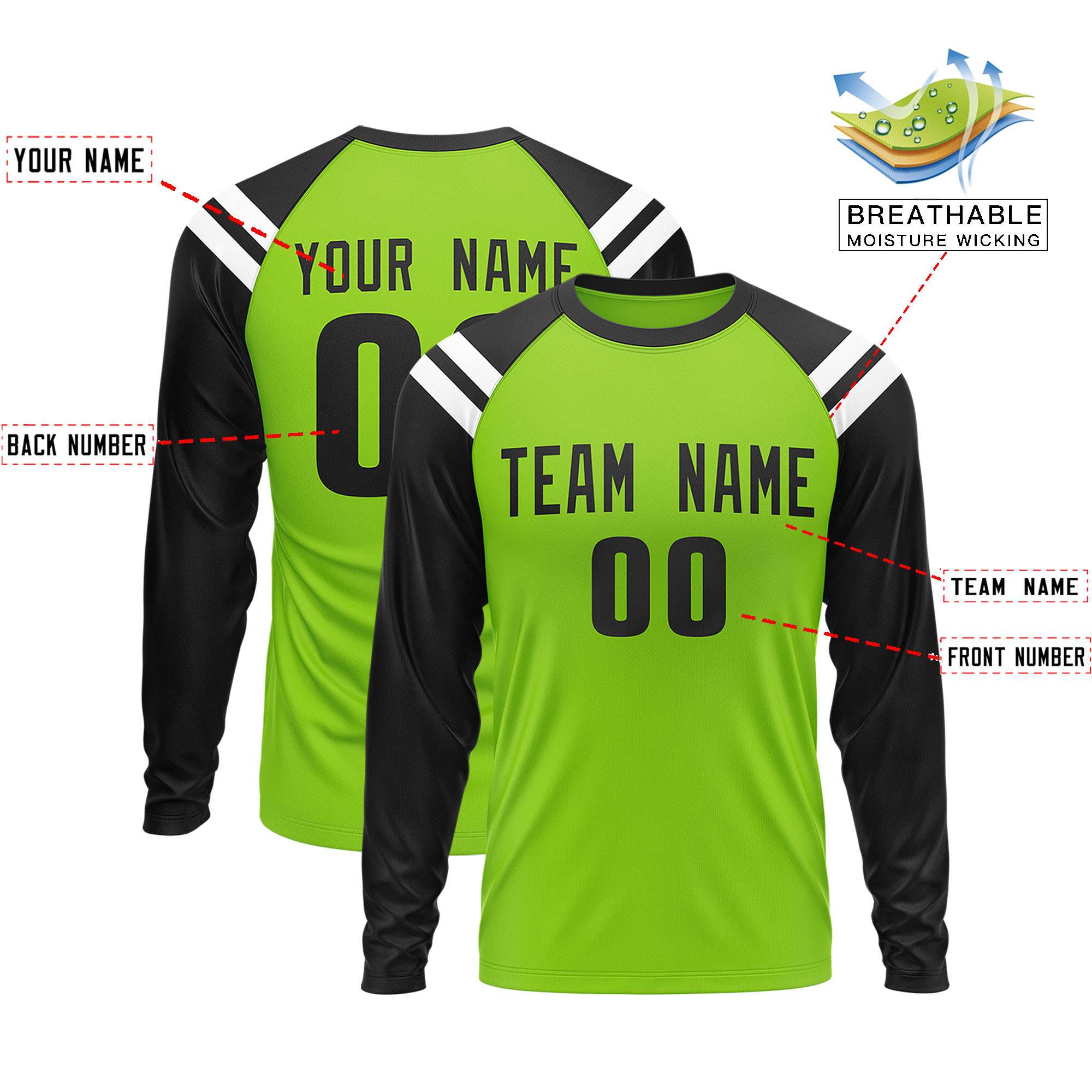 Custom Neon Green Black-White Crew Neck Personalized Raglan Long Sleeve Performance T-Shirt