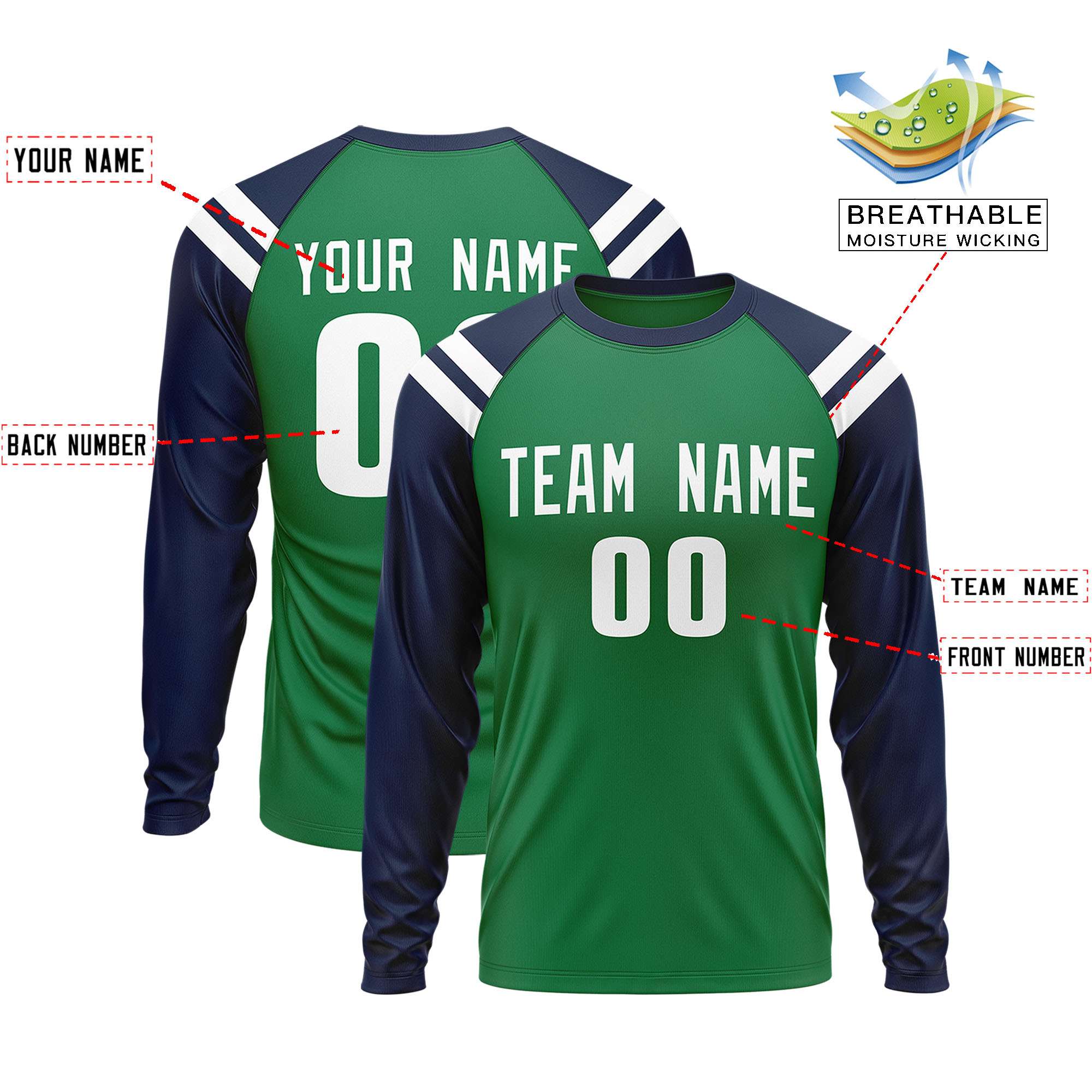 Custom Kelly Green Navy-White Crew Neck Personalized Raglan Long Sleeve Performance T-Shirt