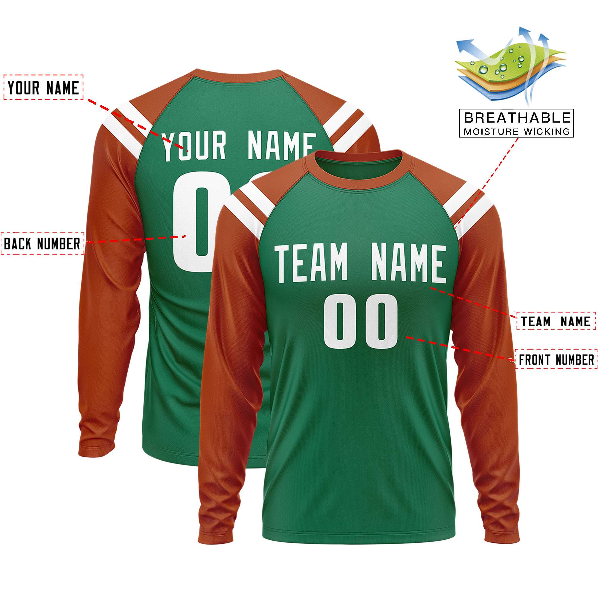 Custom Kelly Green Texas Orange-White Crew Neck Personalized Raglan Long Sleeve Performance T-Shirt