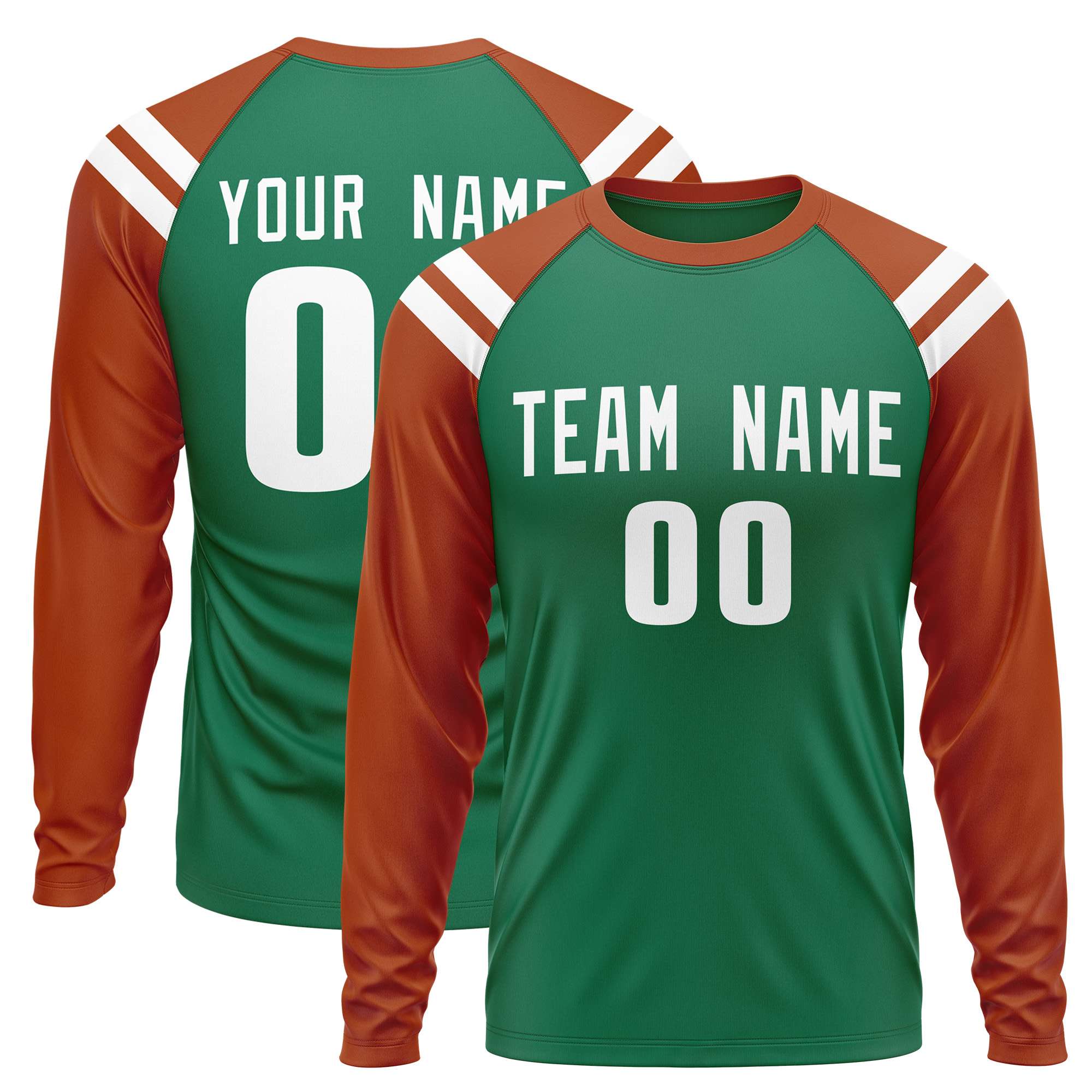 Custom Kelly Green Texas Orange-White Crew Neck Personalized Raglan Long Sleeve Performance T-Shirt