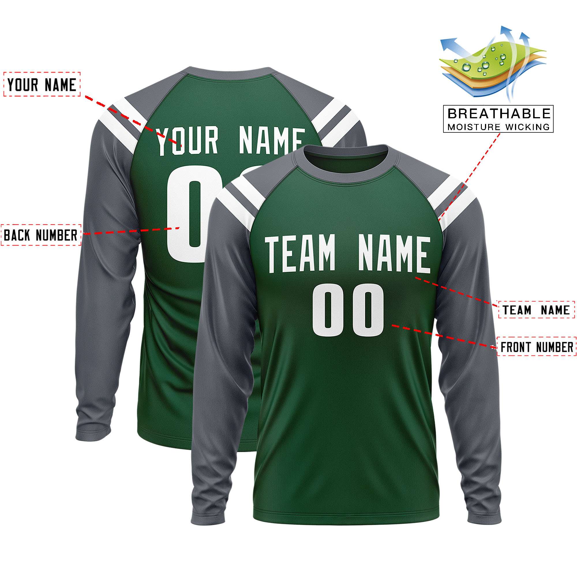 Custom Green Dark Gray-White Crew Neck Personalized Raglan Long Sleeve Performance T-Shirt