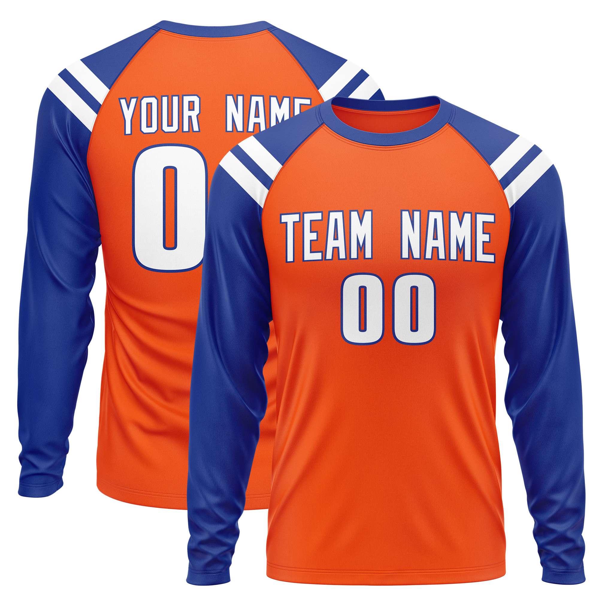 Custom Orange Royal-White Crew Neck Personalized Raglan Long Sleeve Performance T-Shirt