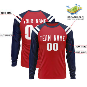 Custom Red Navy-White Crew Neck Personalized Raglan Long Sleeve Performance T-Shirt