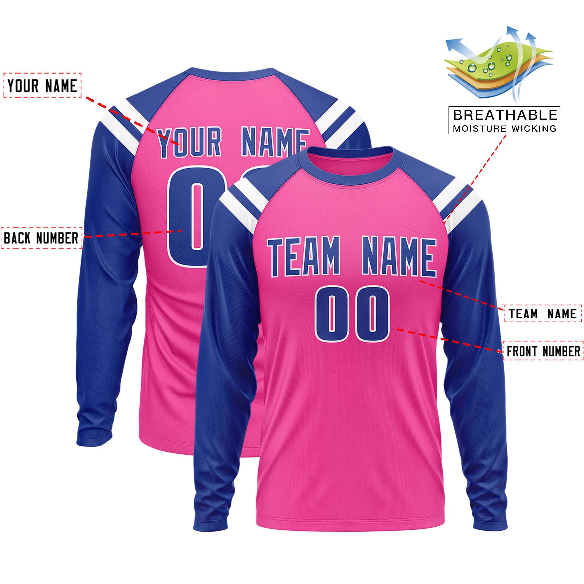 Custom Pink Royal-White Crew Neck Personalized Raglan Long Sleeve Performance T-Shirt