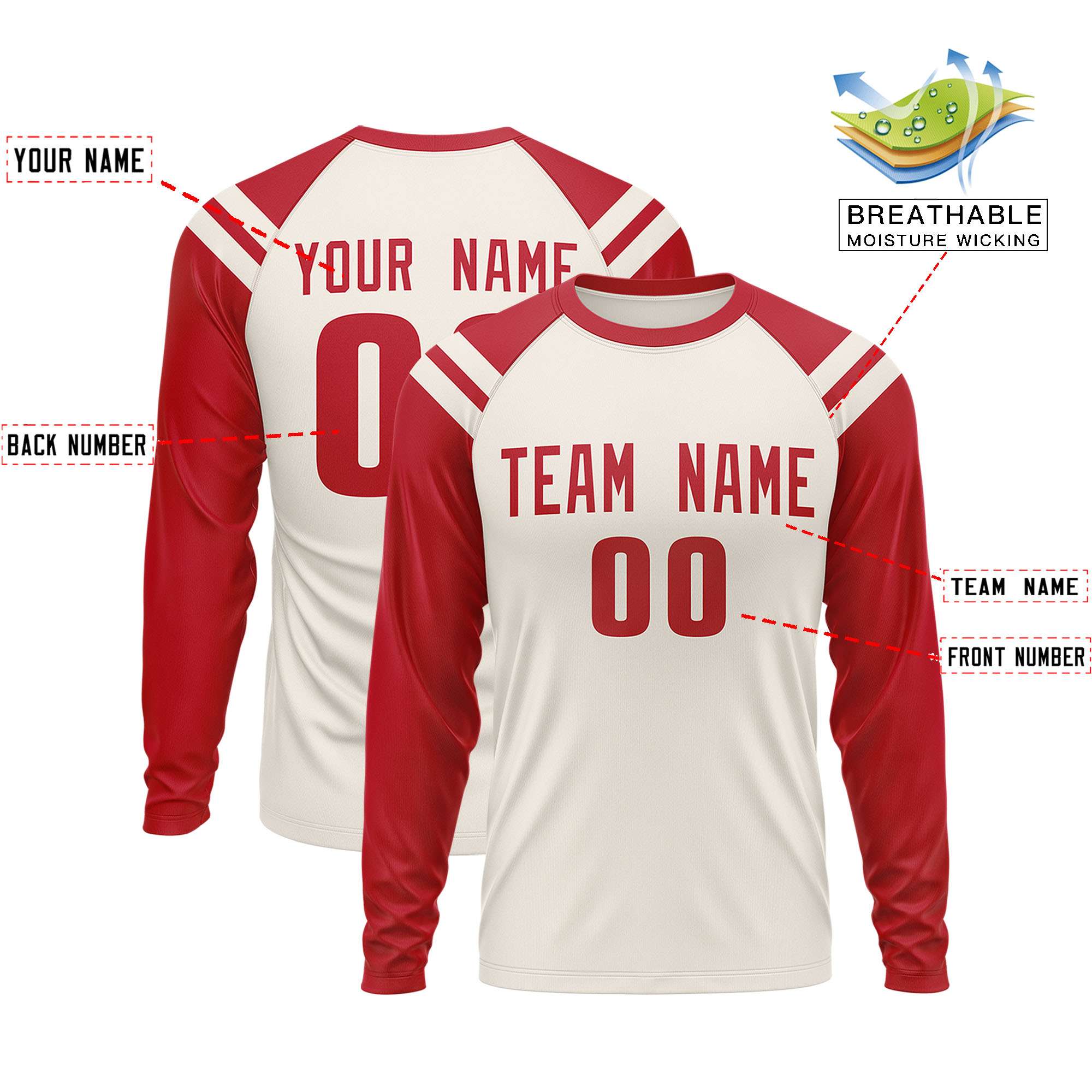 Custom Cream Red-White Crew Neck Personalized Raglan Long Sleeve Performance T-Shirt