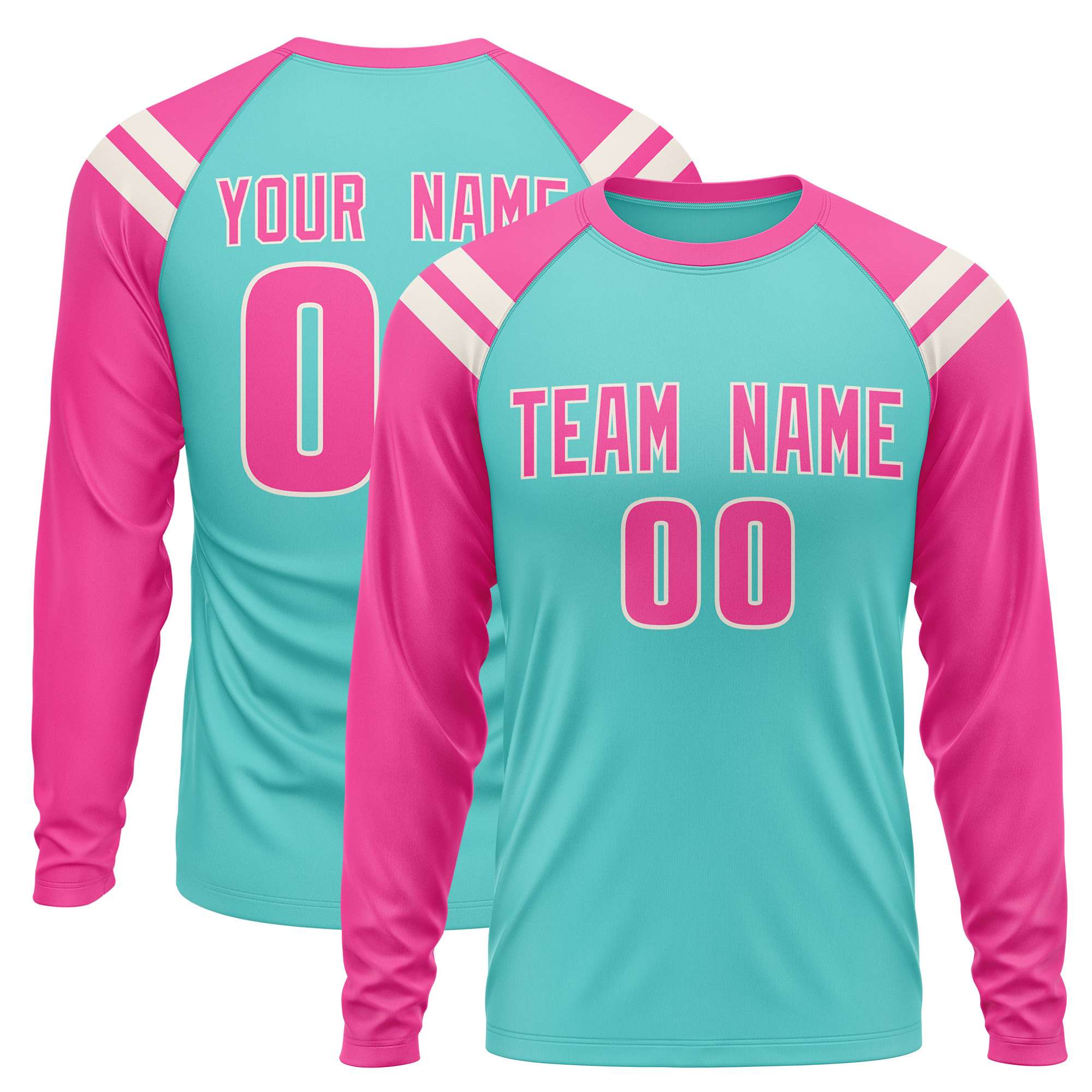 Custom Bright Green Pink-Cream Crew Neck Personalized Raglan Long Sleeve Performance T-Shirt