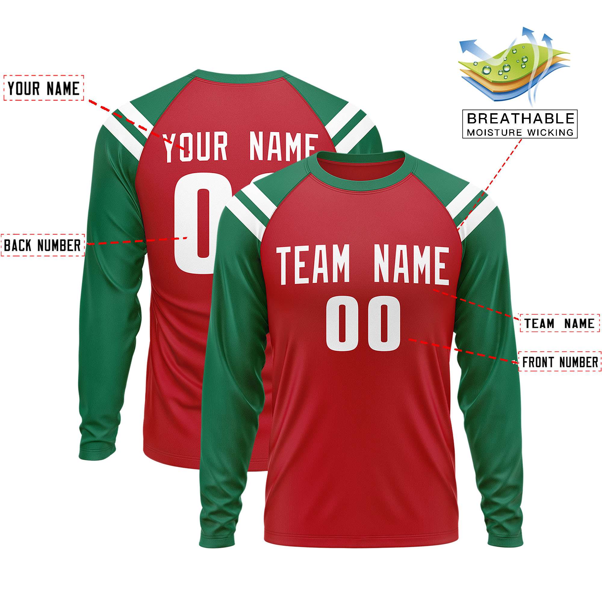 Custom Red Kelly Green-White Crew Neck Personalized Raglan Long Sleeve Performance T-Shirt