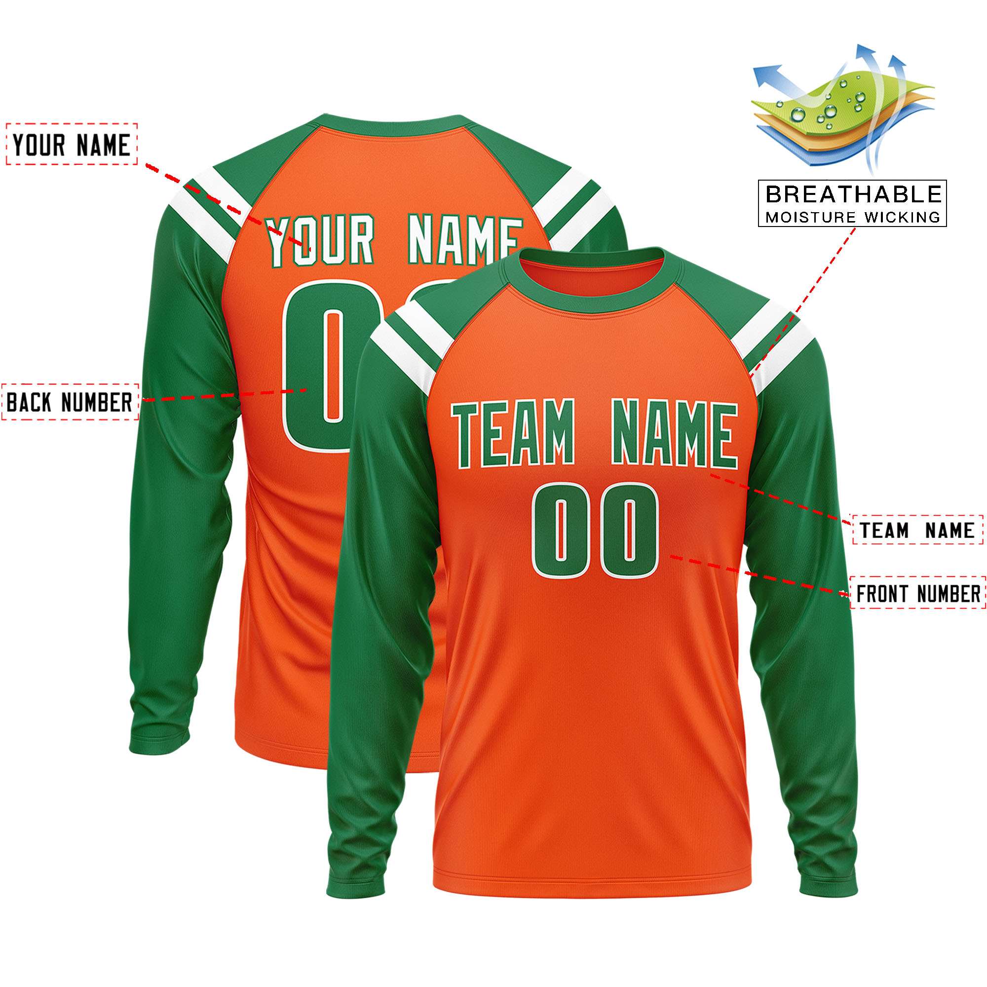 Custom Orange Kelly Green-White Crew Neck Personalized Raglan Long Sleeve Performance T-Shirt