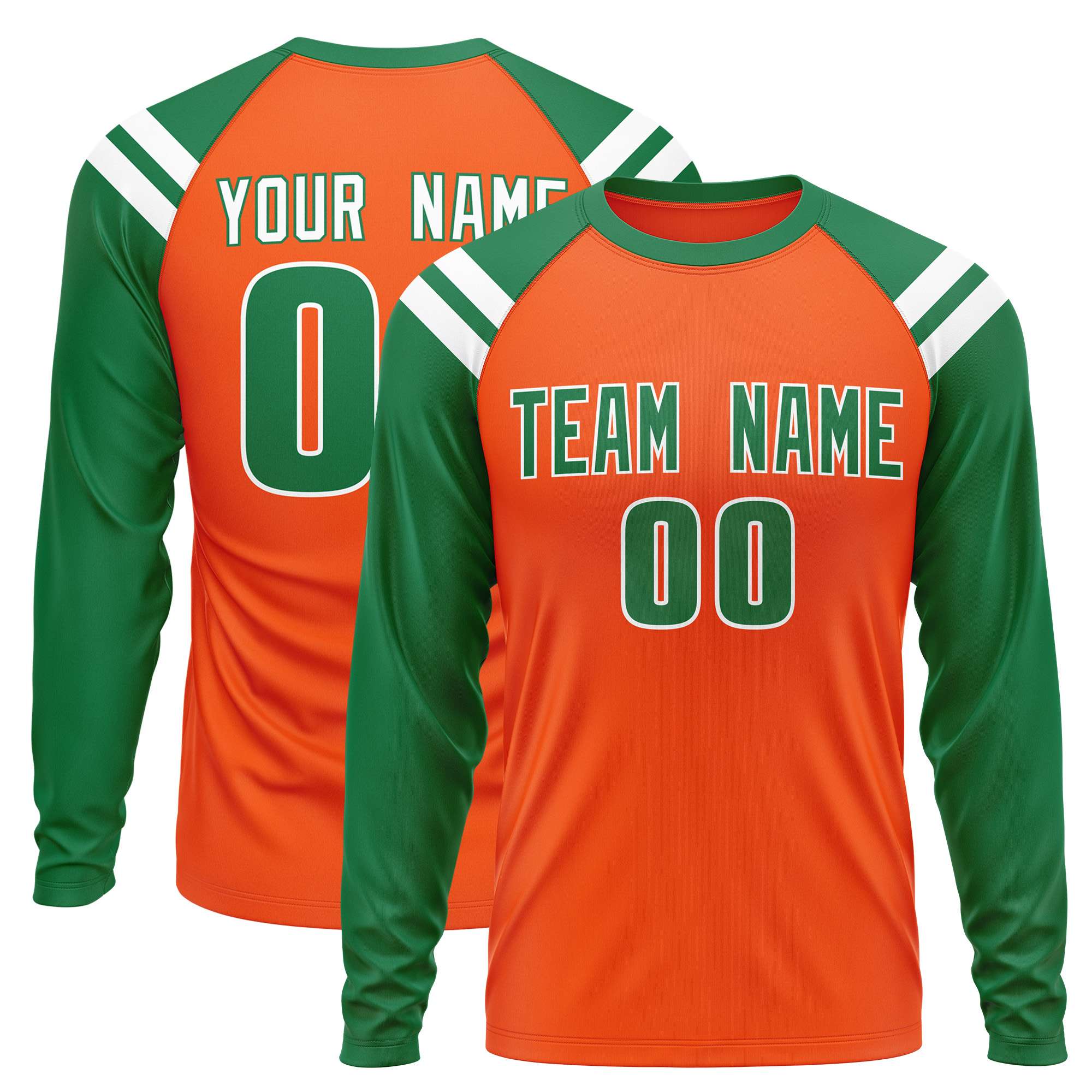 Custom Orange Kelly Green-White Crew Neck Personalized Raglan Long Sleeve Performance T-Shirt