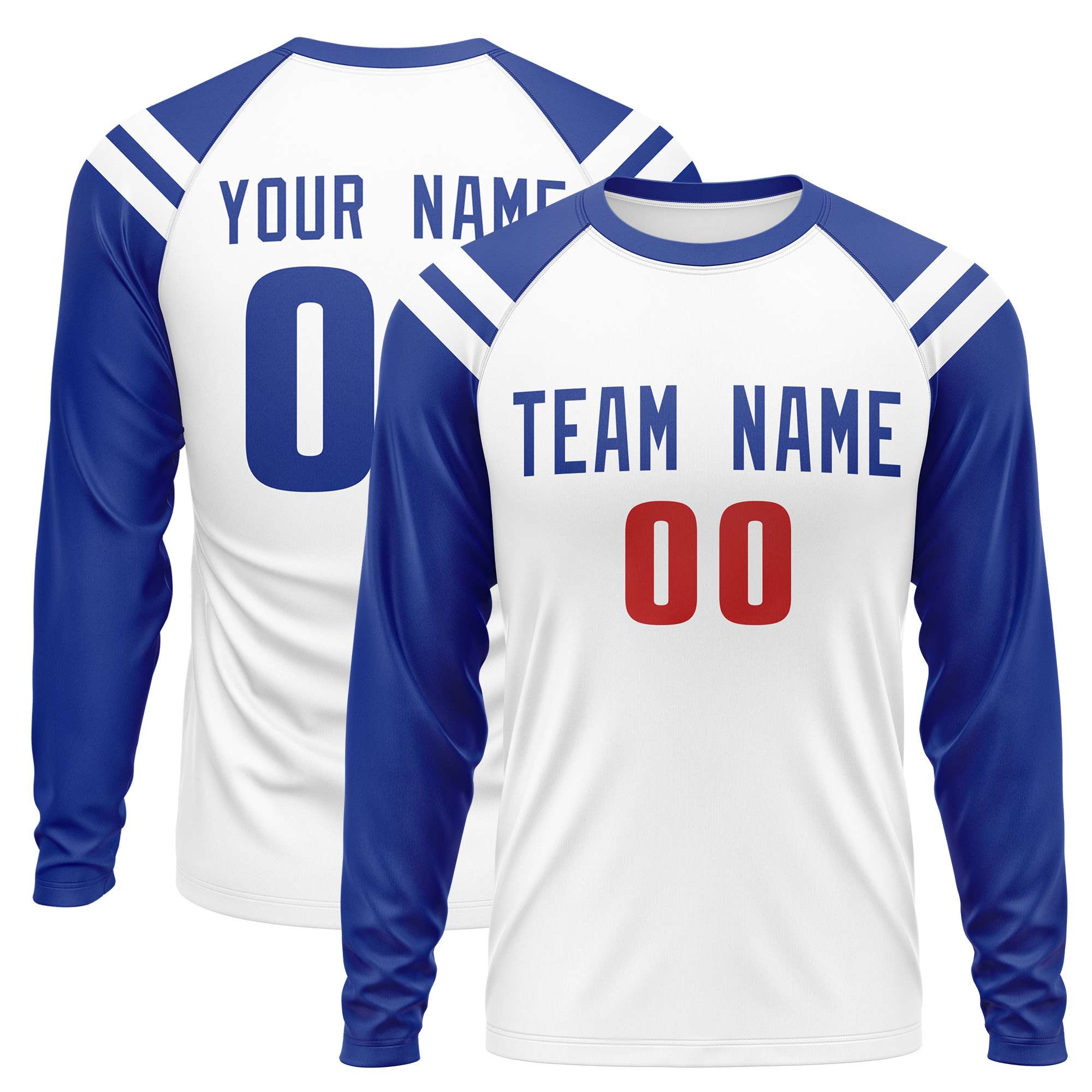 Custom White Royal-White Crew Neck Personalized Raglan Long Sleeve Performance T-Shirt