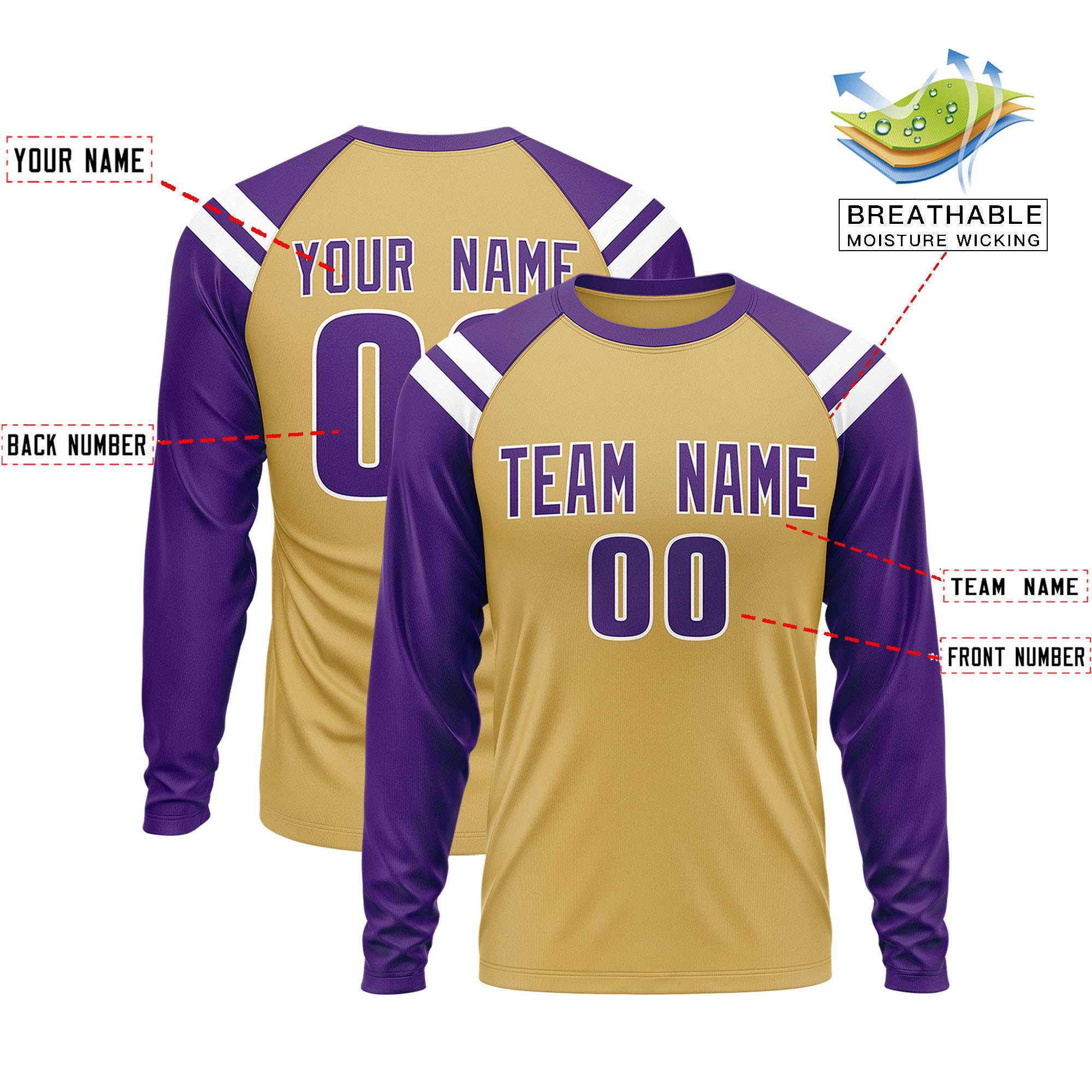 Custom Old Gold Purple-White Crew Neck Personalized Raglan Long Sleeve Performance T-Shirt