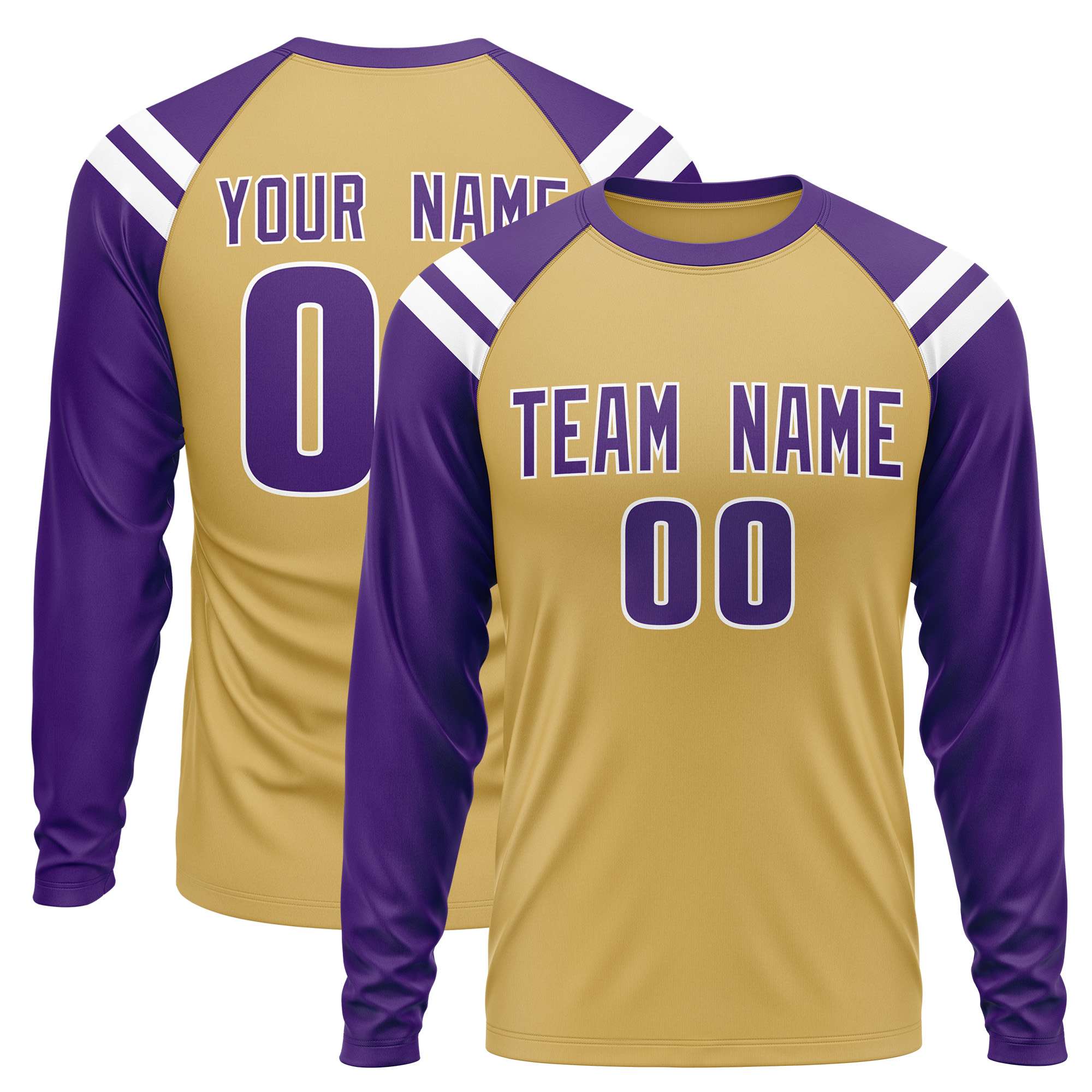 Custom Old Gold Purple-White Crew Neck Personalized Raglan Long Sleeve Performance T-Shirt