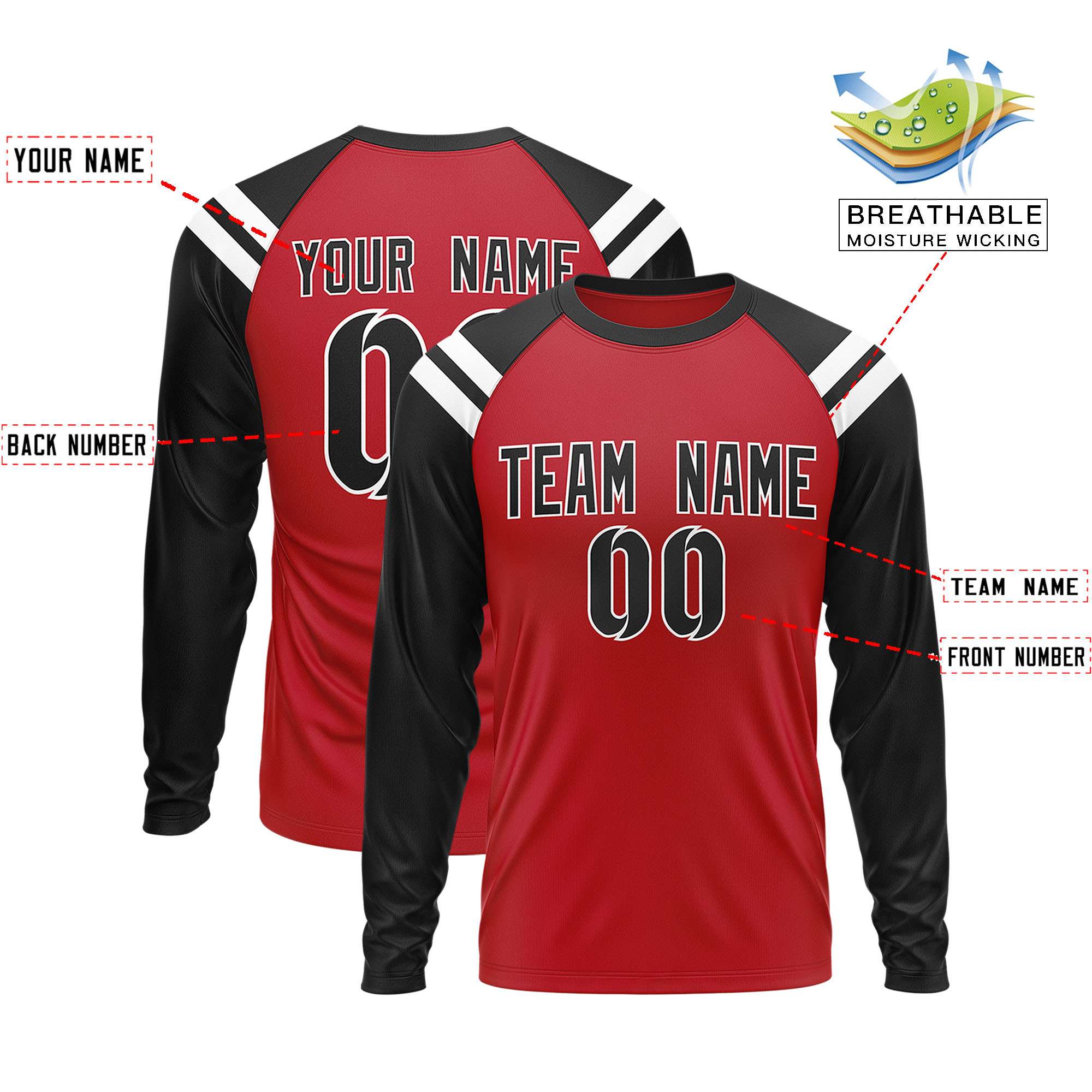 Custom Red Black-White Crew Neck Personalized Raglan Long Sleeve Performance T-Shirt