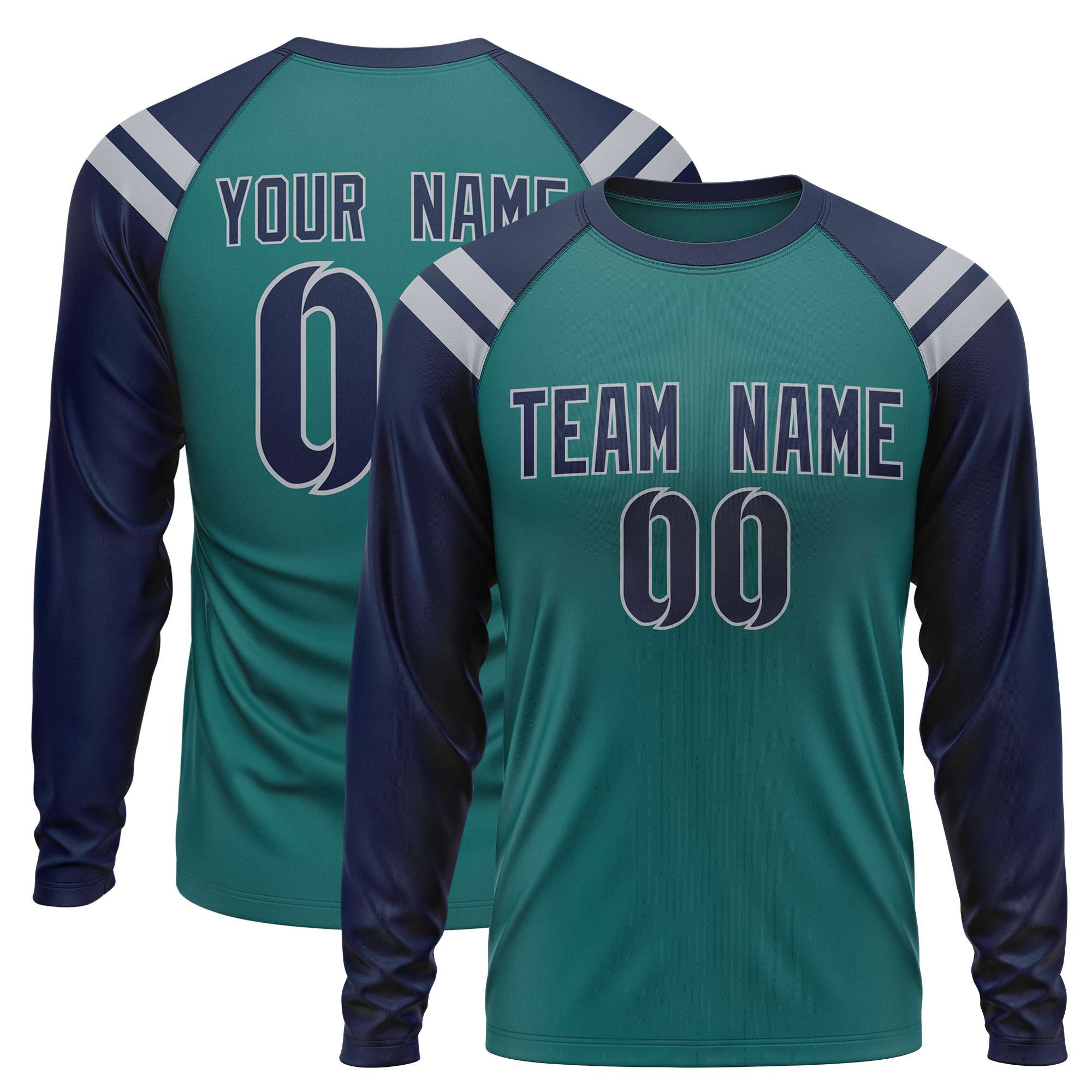 Custom Aqua Navy-Dark Gray Crew Neck Personalized Raglan Long Sleeve Performance T-Shirt