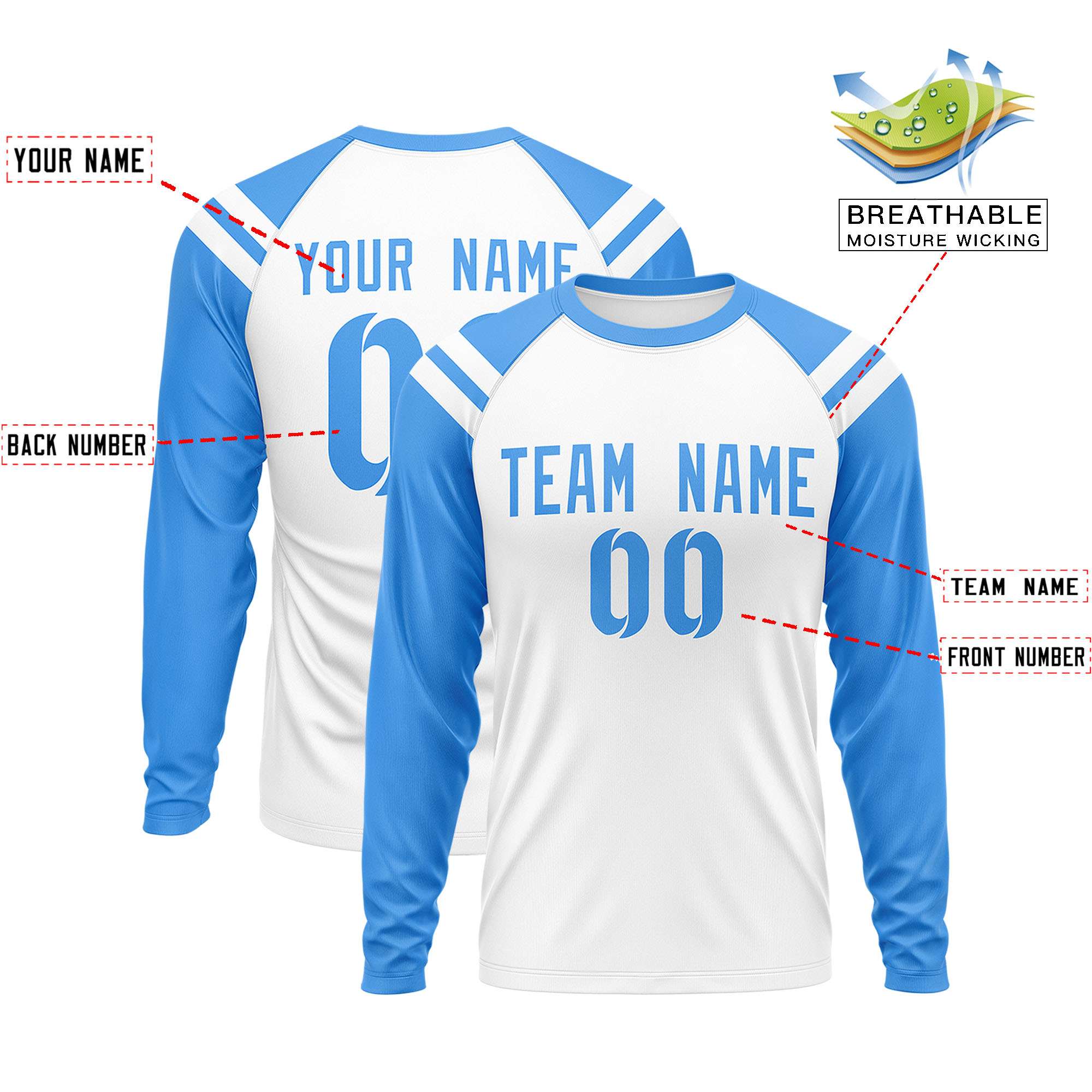 Custom White Powder Blue-White Crew Neck Personalized Raglan Long Sleeve Performance T-Shirt