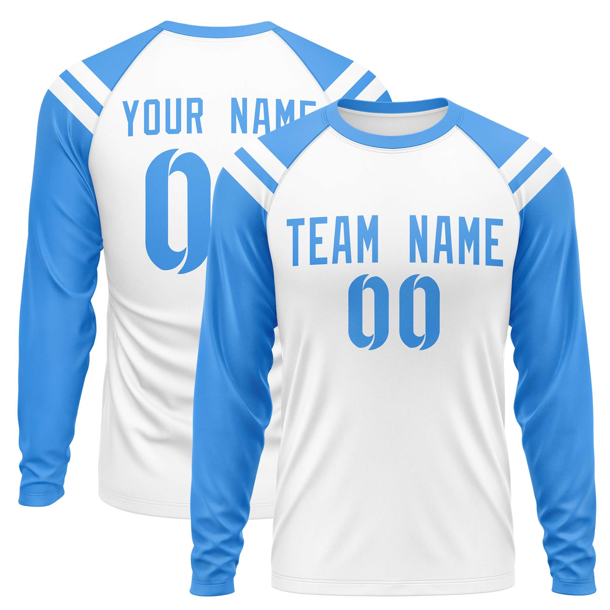 Custom White Powder Blue-White Crew Neck Personalized Raglan Long Sleeve Performance T-Shirt