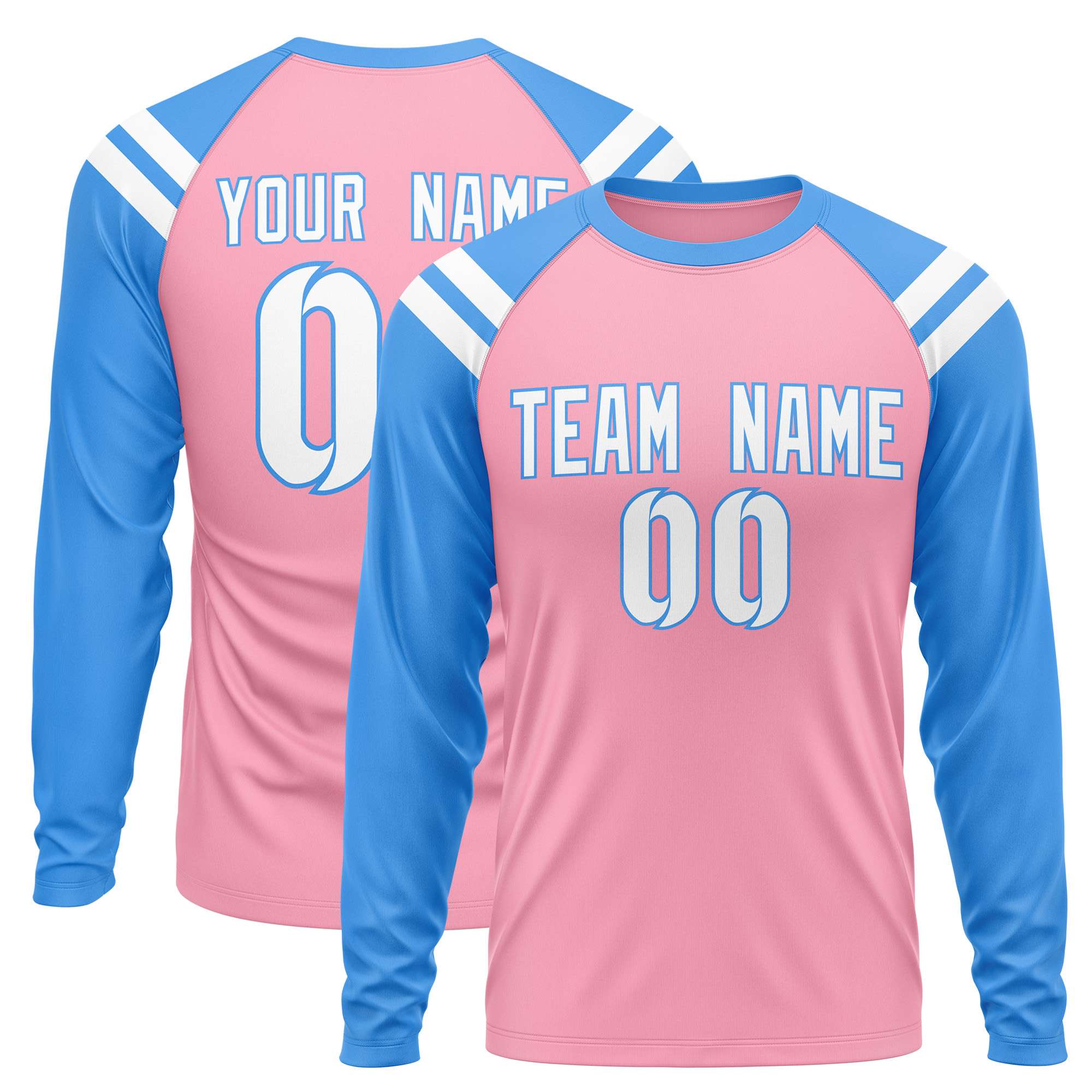 Custom Light Pink Powder Blue-White Crew Neck Personalized Raglan Long Sleeve Performance T-Shirt