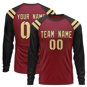 Custom Crimson Black-Khaki Crew Neck Personalized Raglan Long Sleeve Performance T-Shirt