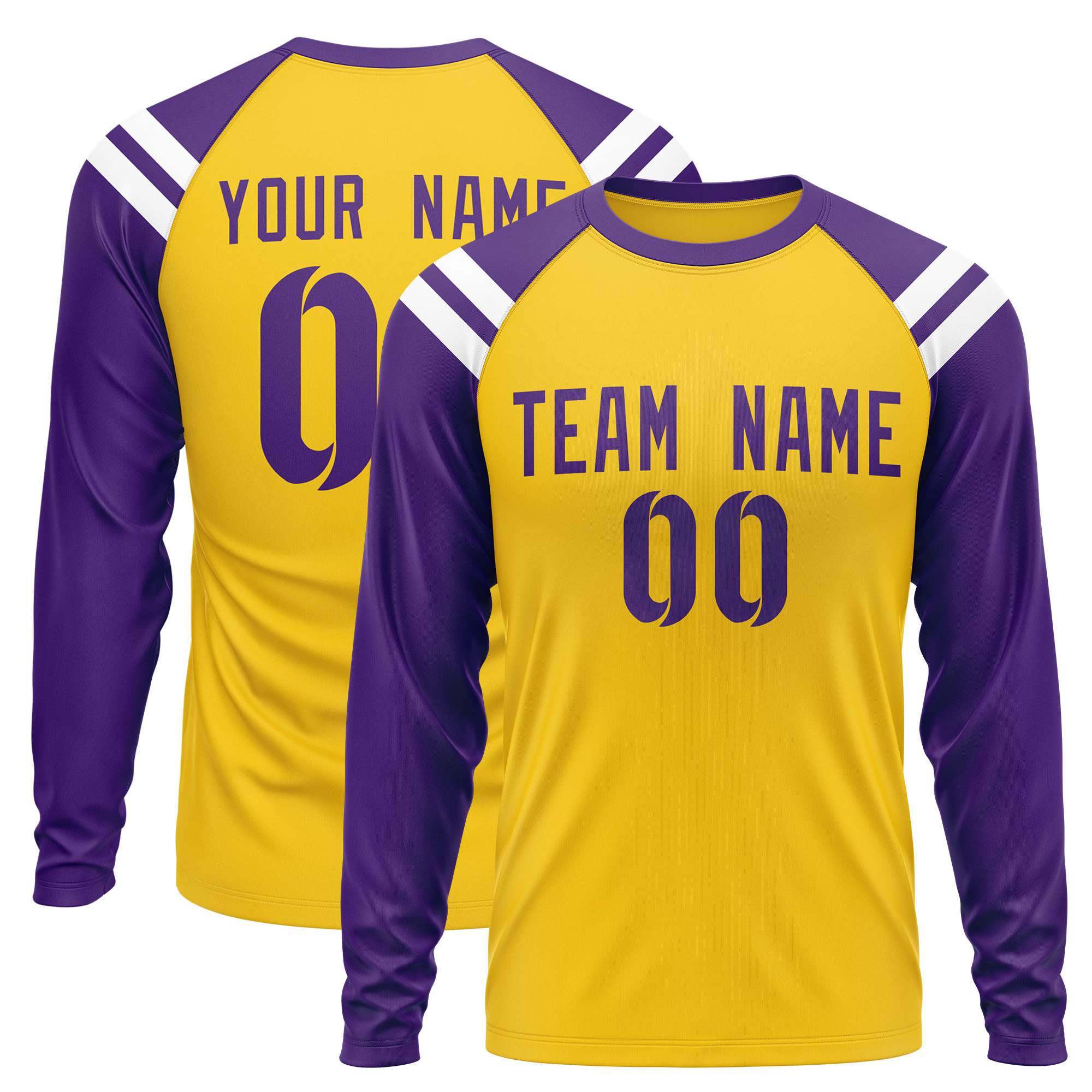 Custom Gold Purple-White Crew Neck Personalized Raglan Long Sleeve Performance T-Shirt