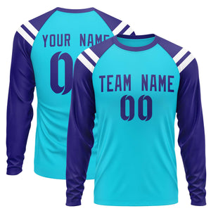 Custom Sky Blue Purple-White Crew Neck Personalized Raglan Long Sleeve Performance T-Shirt