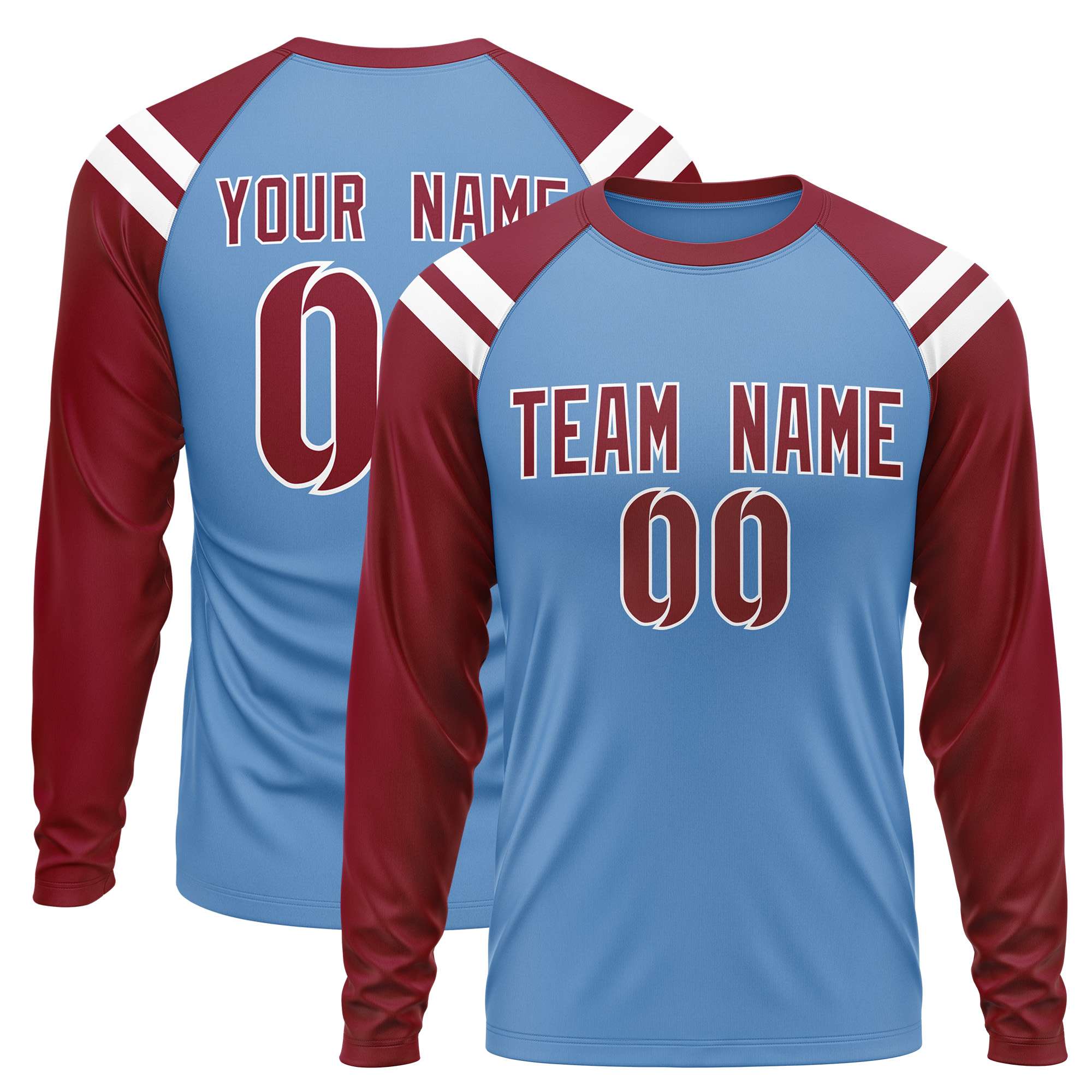 Custom Light Blue Crimson-White Crew Neck Personalized Raglan Long Sleeve Performance T-Shirt