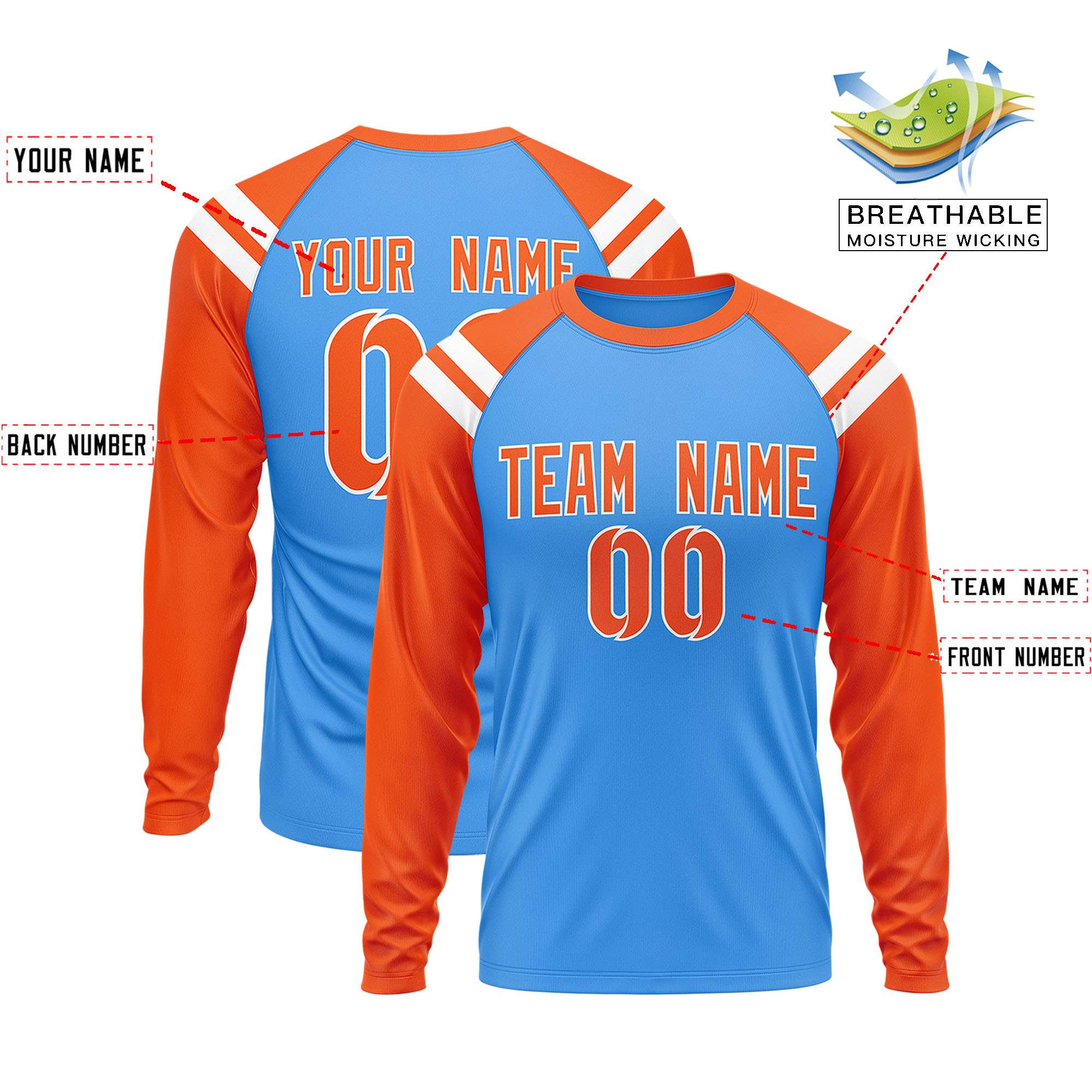 Custom Powder Blue Orange-White Crew Neck Personalized Raglan Long Sleeve Performance T-Shirt