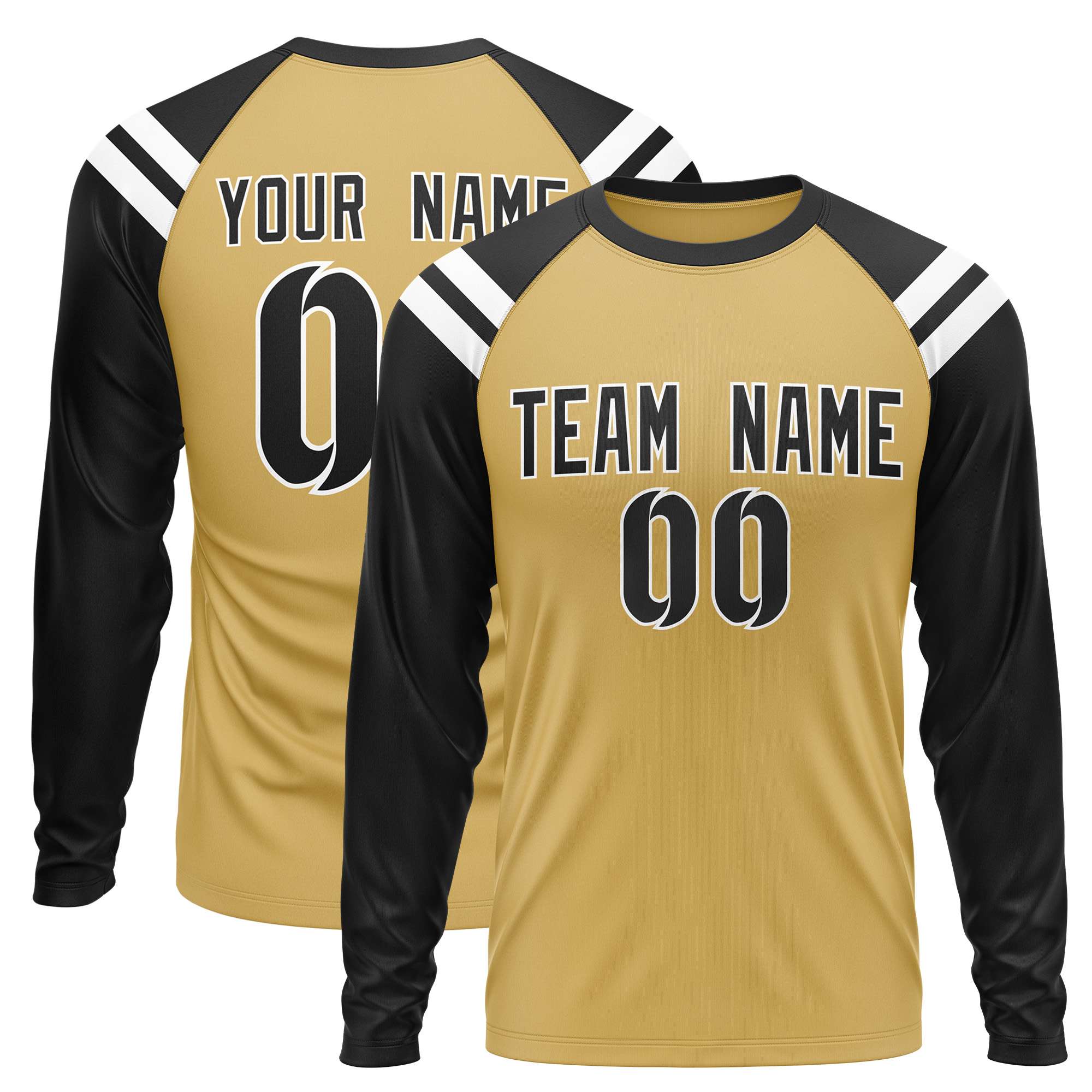 Custom Old Gold Black-White Crew Neck Personalized Raglan Long Sleeve Performance T-Shirt