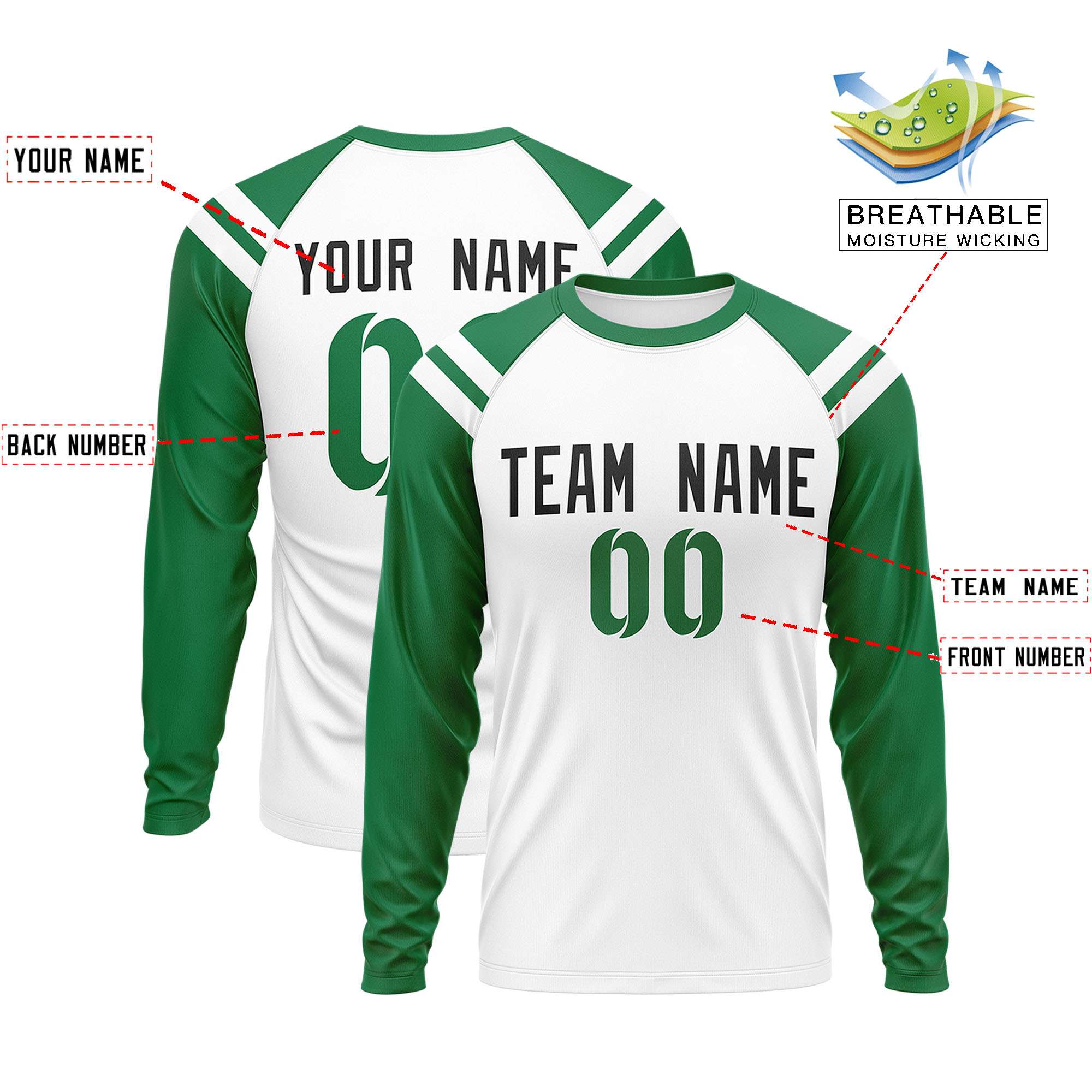 Custom White Kelly Green-White Crew Neck Personalized Raglan Long Sleeve Performance T-Shirt